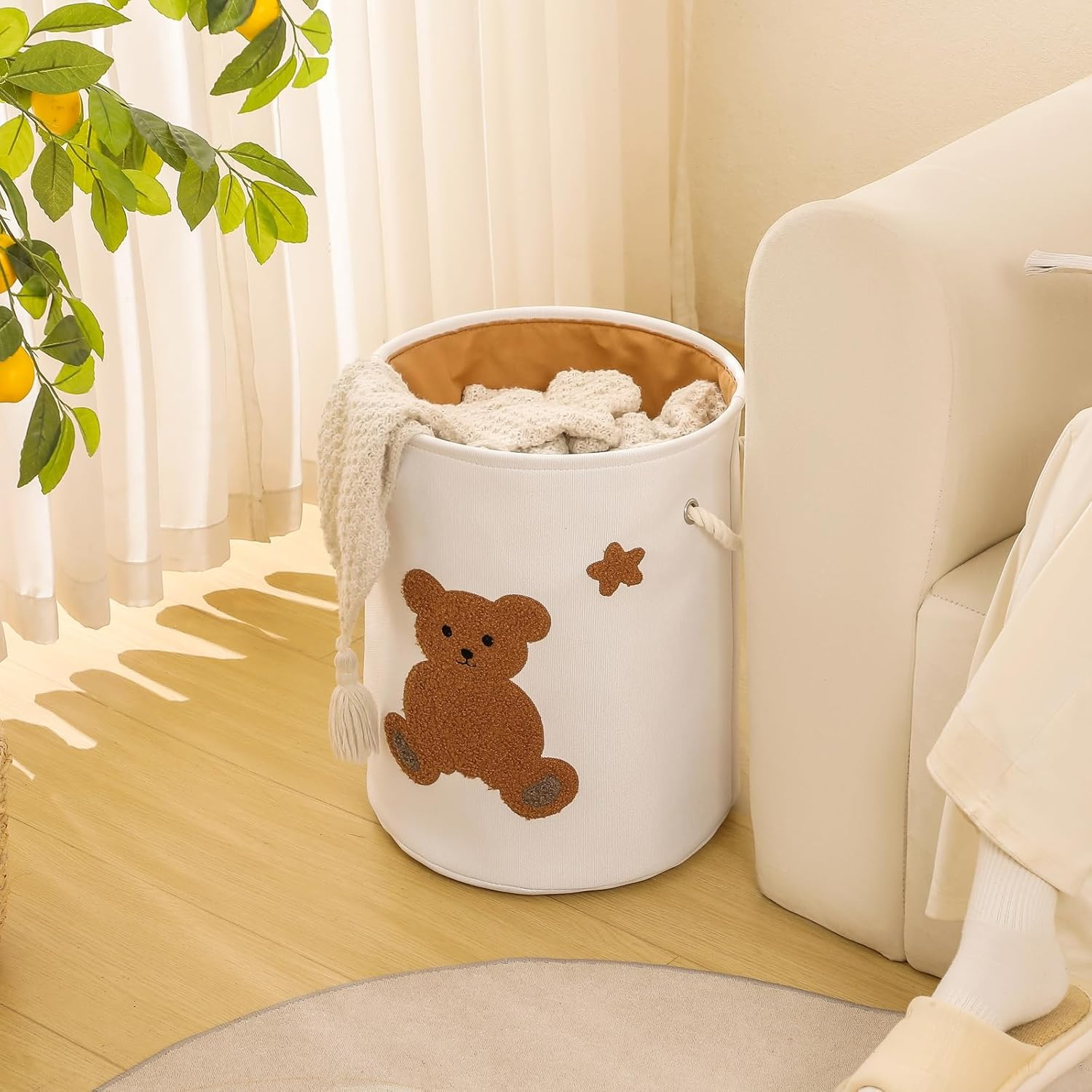 Kids Laundry Basket Nursery Hamper Baby Laundry Basket Stuffed Animal Toys Storage Baskets for Toddler Room Decor, Dirty Clothes Hampers with Drawstring Closure for Bedroom/Living Room/Nursery, Bear image number 3