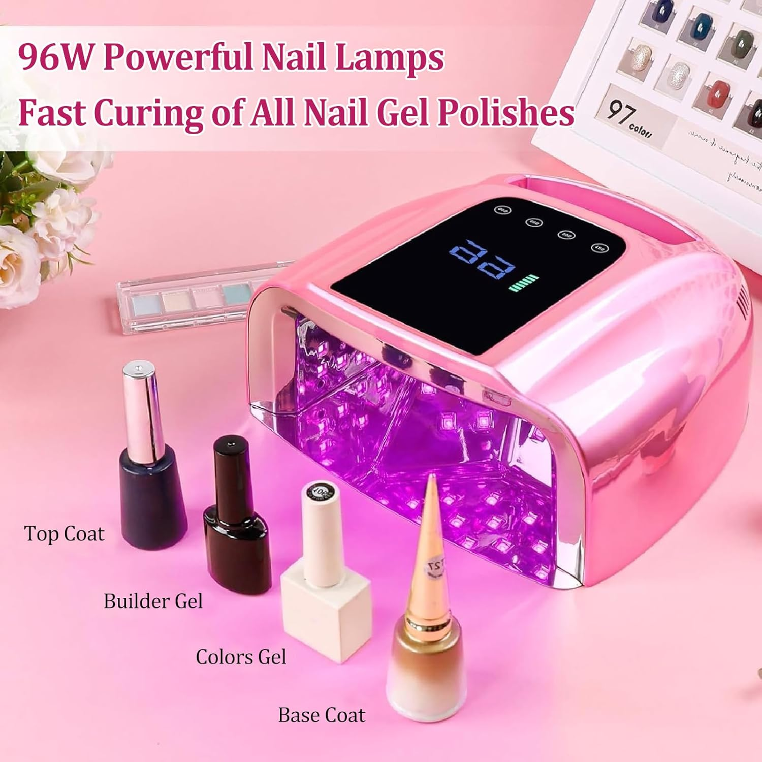Bouzaak 96W Rechargeable Cordless UV LED Nail Lamp, Portable Nail Polish Curing Lamp with LCD Display Auto Sensor, 4 Timer Setting and Smart Sensor Nail Dryer (Pink) image number 4