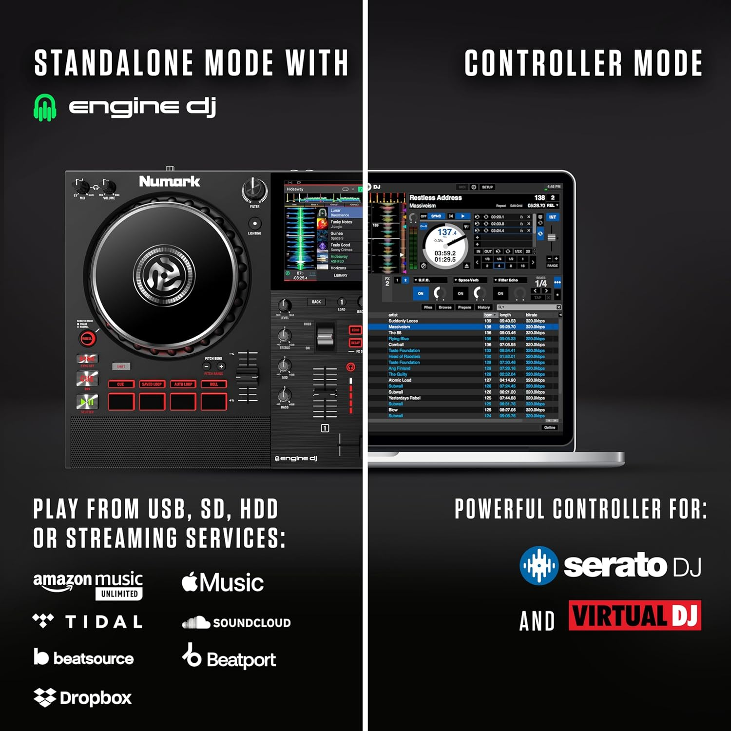 Numark Mixstream Pro+ DJ Controller with Stem Separation, 2 Decks, Wi-Fi Streaming, Mixer, 7" Touchscreen, Speakers, Works with Serato and Virtual DJ image number 4