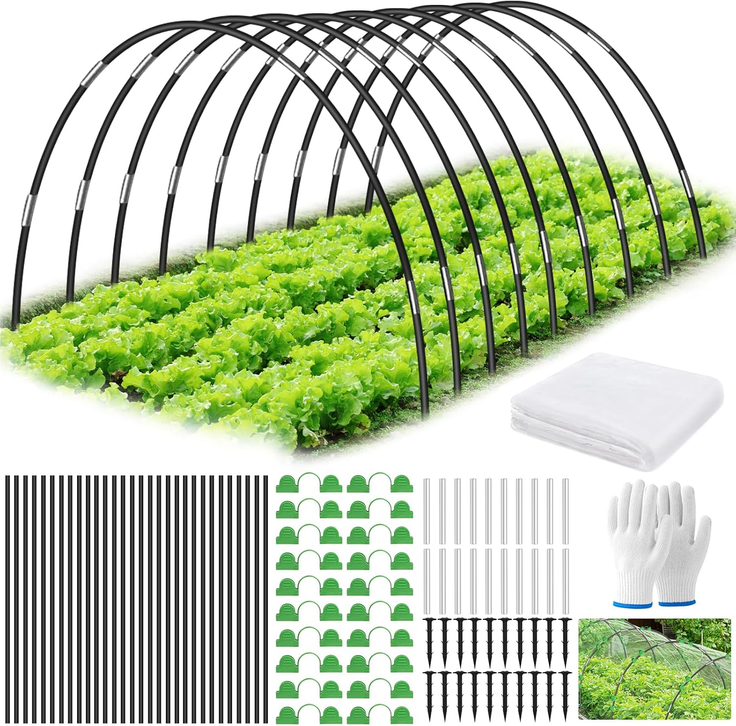 Plant Tunnel Arches, 30 Pieces Tunnel Arches Raised Bed with 3 X 10 M Plant Protection Net, DIY Greenhouse Tyres Cold Frame Tunnel for Garden Line Cover Plants Fruit Vegetables