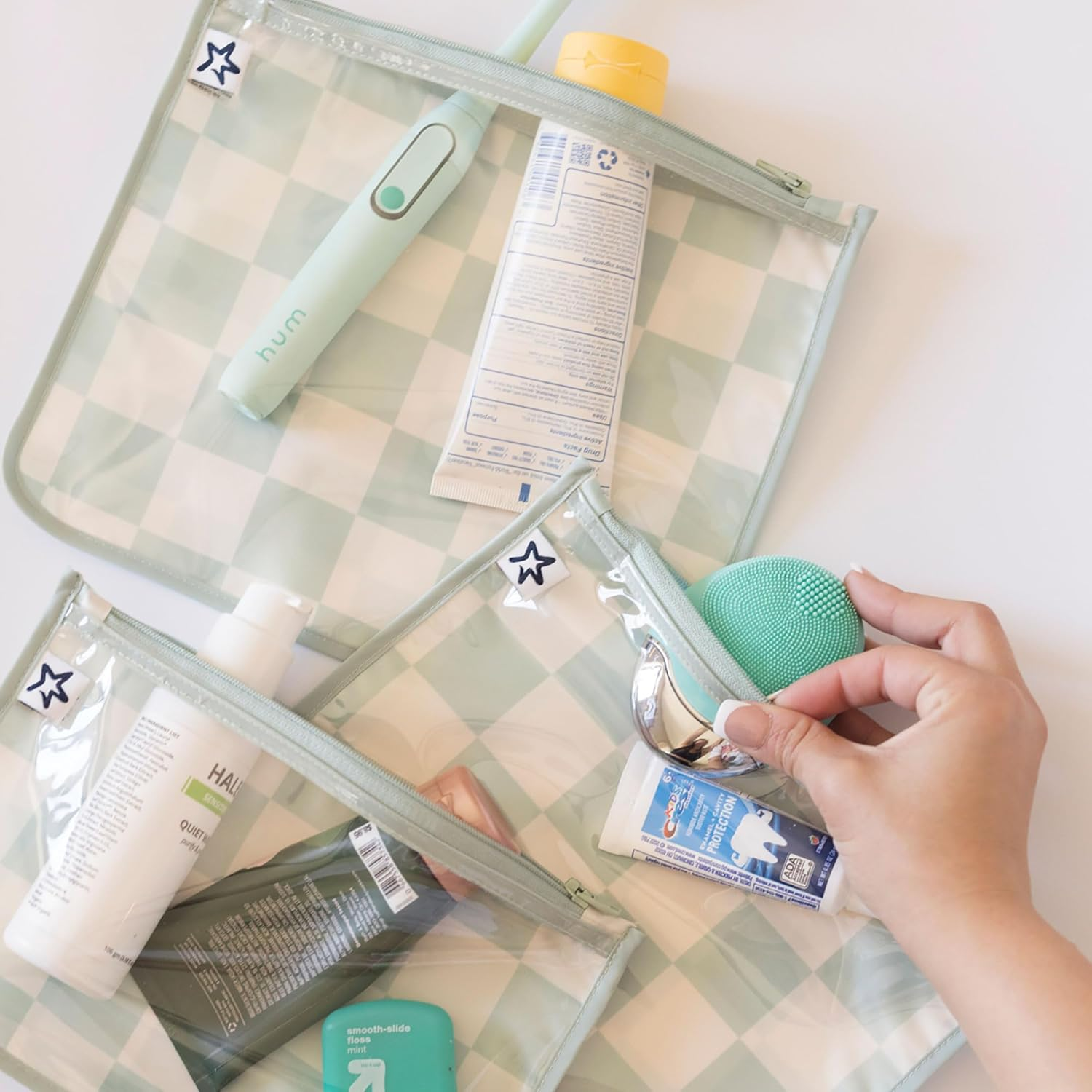 Tiny Twinkle Mess-Proof Travel Bags, Airline Compliant, Zipper Closure, Clear Front Pouch, Diaper Bag Packing, Toiletry or Cosmetics Organizer 3 Pack Set (Sage Checkers)