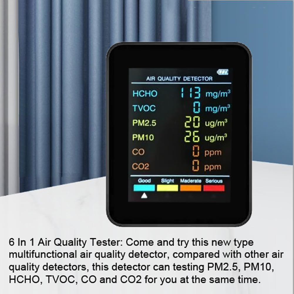 6-In-1 Air Quality Monitor for PM2.5/PM10/HCHO/TVOC/CO/CO2, Portable Multifunctional Detector with LCD Screen - Home, Office & Hotel Formaldehyde & Carbon Dioxide Tester image number 5