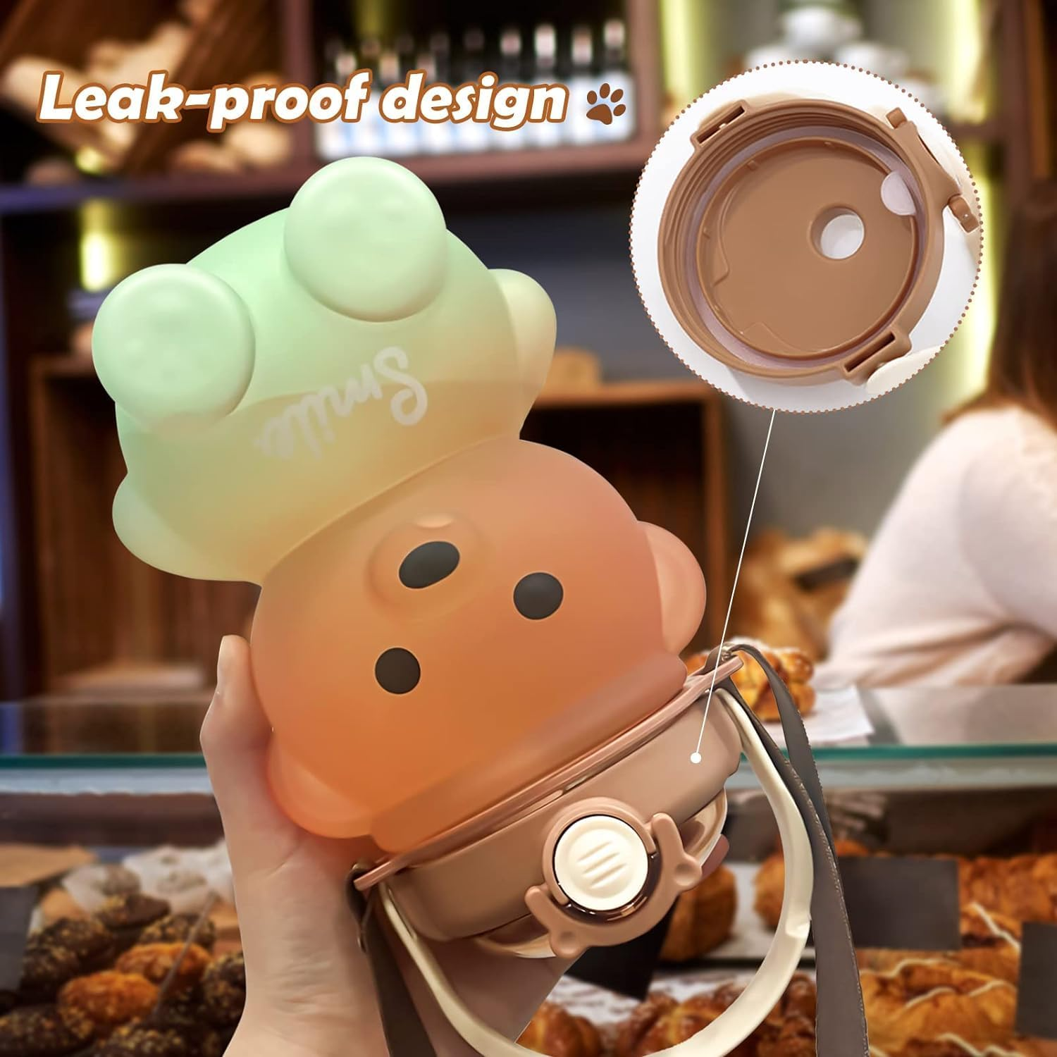 Cute Bear Water Bottle with Strap and Straw, 32Oz Kawaii Kids Water Bottles, Leak-Proof Plastic Drinking Cups for Girls Women School Sports Camping Picnic Hiking Travel (Brown-Green) image number 1