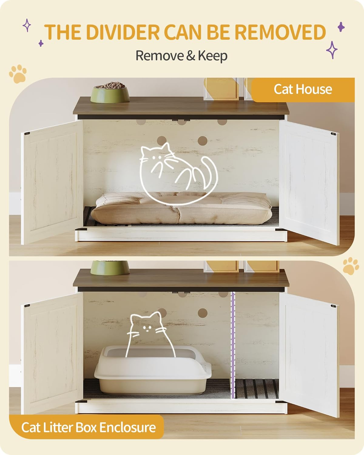 Hzuaneri Cat Litter Box Enclosure, Hidden Litter Box Furniture with Removable Dividers, Reversible Entrance Left or Right Side,Cat House, 39.4 X 21.7 X 23.6 Inches, Rustic White and Brown CB84714X image number 2