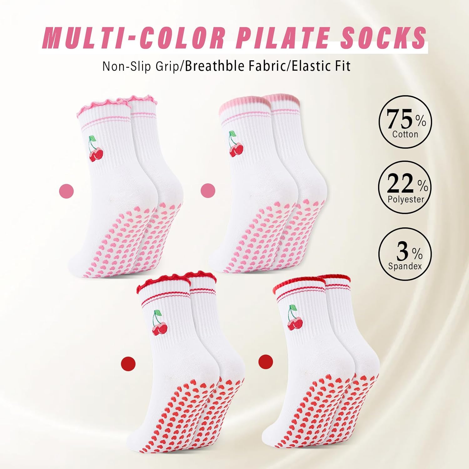 Fiohiros 3 Pairs Pilates Socks Women with Grips, Cherry Reformer Pilates Grip Socks Yoga Socks, Gym Socks for Dance, Training, Barre, Fitness, Workout