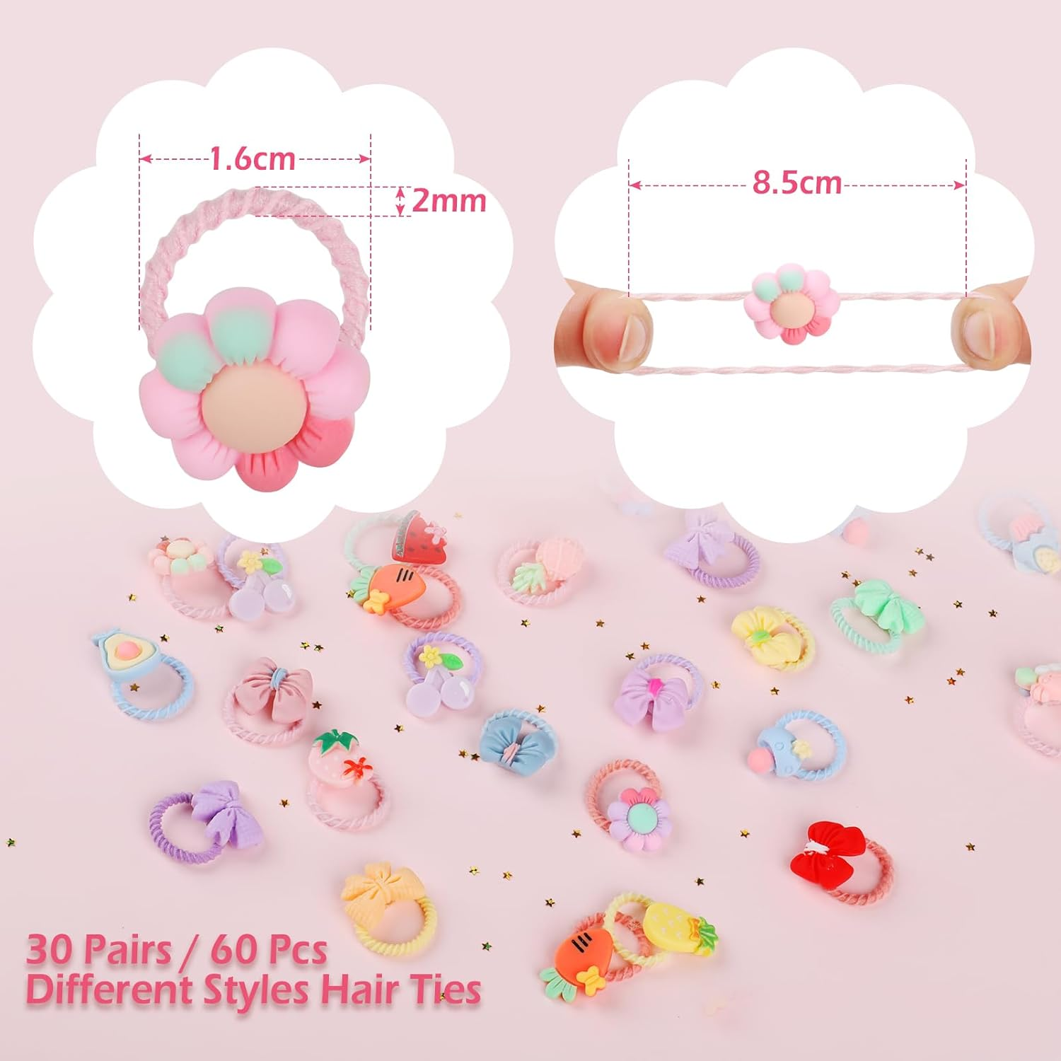 Girl Hair Ties, Hianjoo 60 Pcs 30 Pairs Baby Hair Ties for Toddler Girls Small Rubber Bands with Elastic Loop Ponytail Ties Colorful Soft Pigtail Holders Accessories for Infants Toddlers Girls Kids image number 1