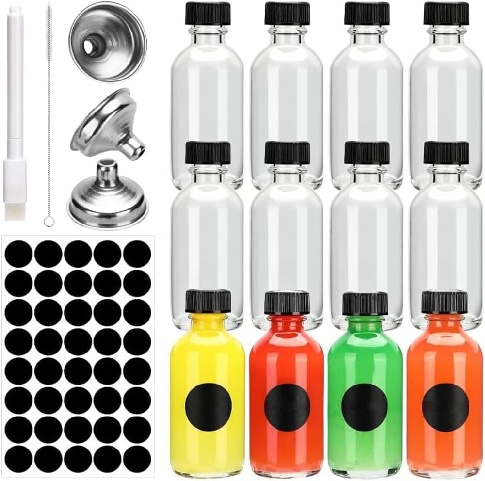 12 Pack Glass Bottles,Glass Bottle with Accessories,Wellness Shot Bottles,Liquid Storage,Mini Travel Jar,For Diy Essential Oils, Perfumes, Whiskey and Juices