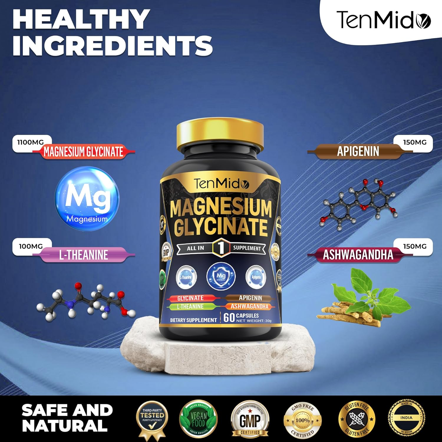 Tenmido Magnesium Glycinate Supplements - 4In1 with L-Theanine, Ashwagandha, and Apigenin - 60 Vegan & Non-Gmo Capsules image number 4