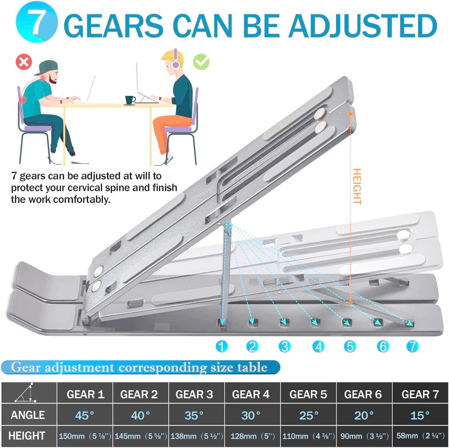 Ixtra Laptop Stand for Desk,Foldable Portable Anti-Slip Aluminum Laptop Holder with 7 Levels Height Adjustment Laptop Riser Compatible with Macbook,Ipad,Dell,10-16&rdquo; Laptops(Grey) image number 3