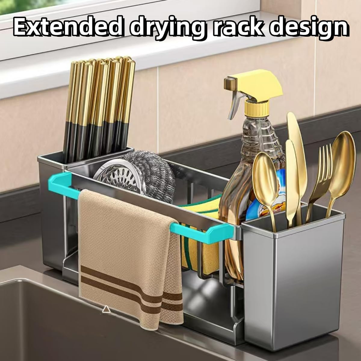 Sponge Holder for Kitchen Sink,Kitchen Sink Organizer,Sink Caddy,High-Strength ABS Material Dish Sponge Organizer with Water Tray,Dish Soap Holder Storage(Black) image number 2