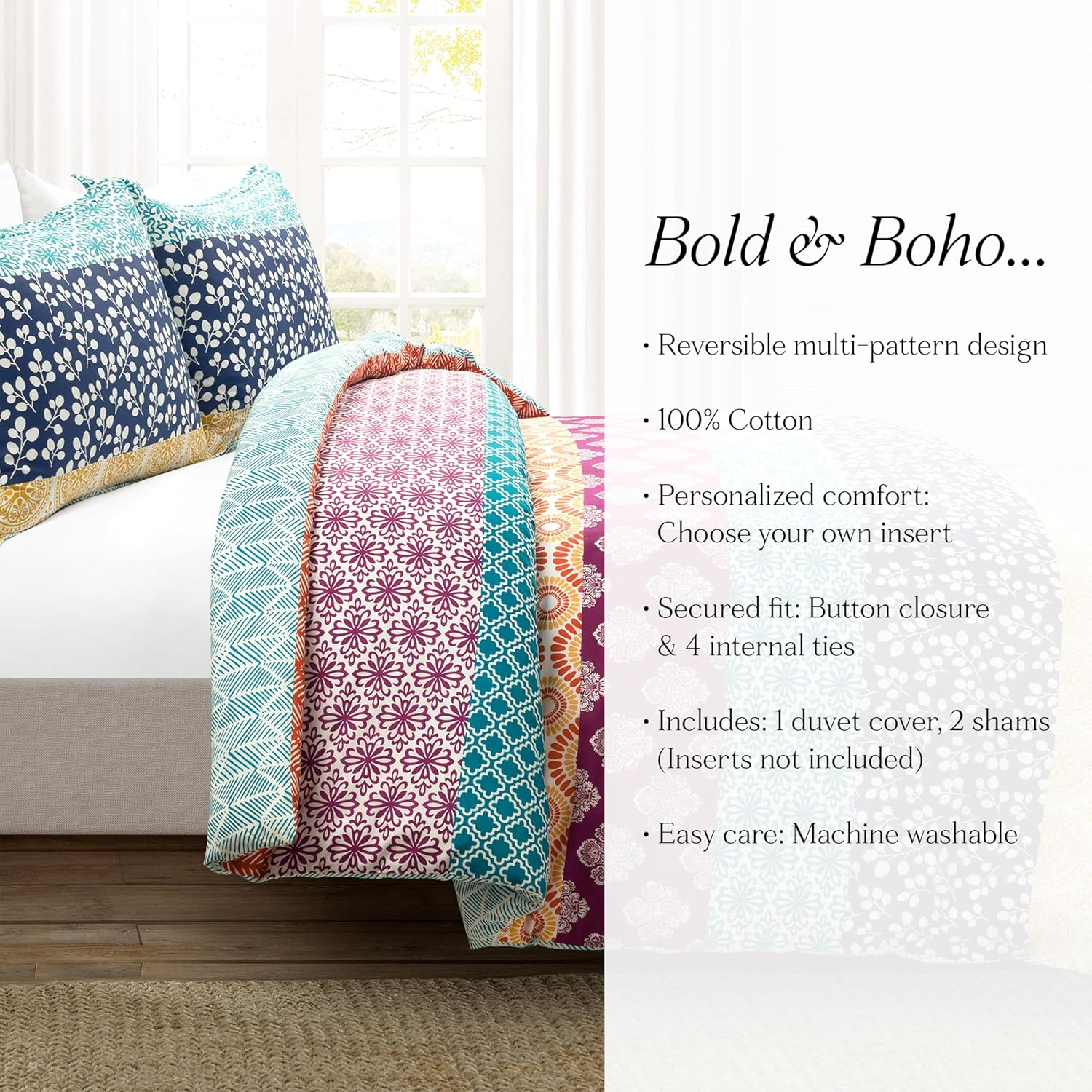 Lush Decor Bohemian Stripe Reversible Cotton Duvet Cover Set, 3 Piece Set, King, Fuchsia & Orange - Boho Bedding Set - Bold & Colorful - Striped Duvet Cover - Maximalist & Boho Bedroom Decor image number 1