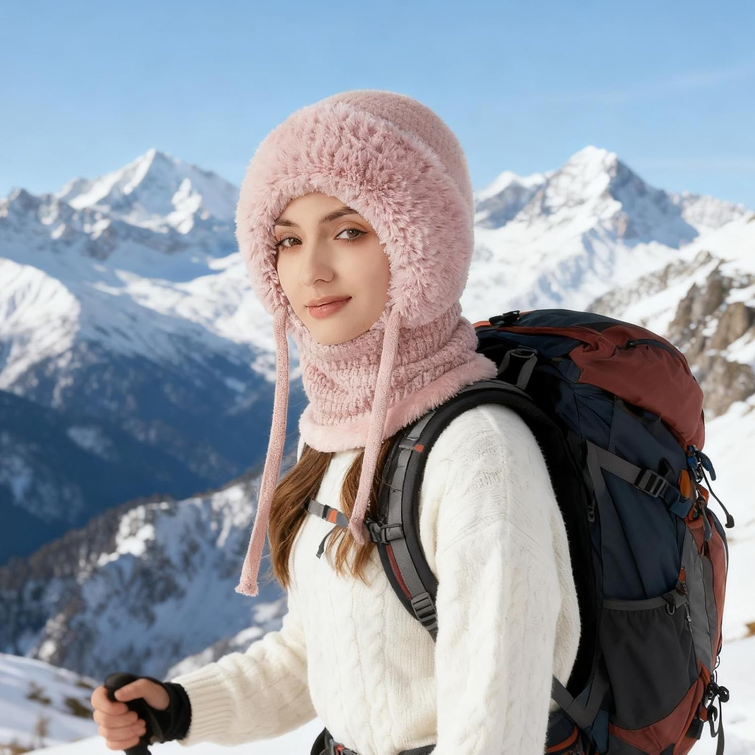 3-In1 Beanie Hat for Women | Winter Womens Beanie Hats | Windproof Knitted 3 In1 Storm Hood with Scarf and Face Maskes | Winter Snow Caps Plush Earmuffs Hats for Outdoor, Skiing & Hiking - Cream Colored image number 5