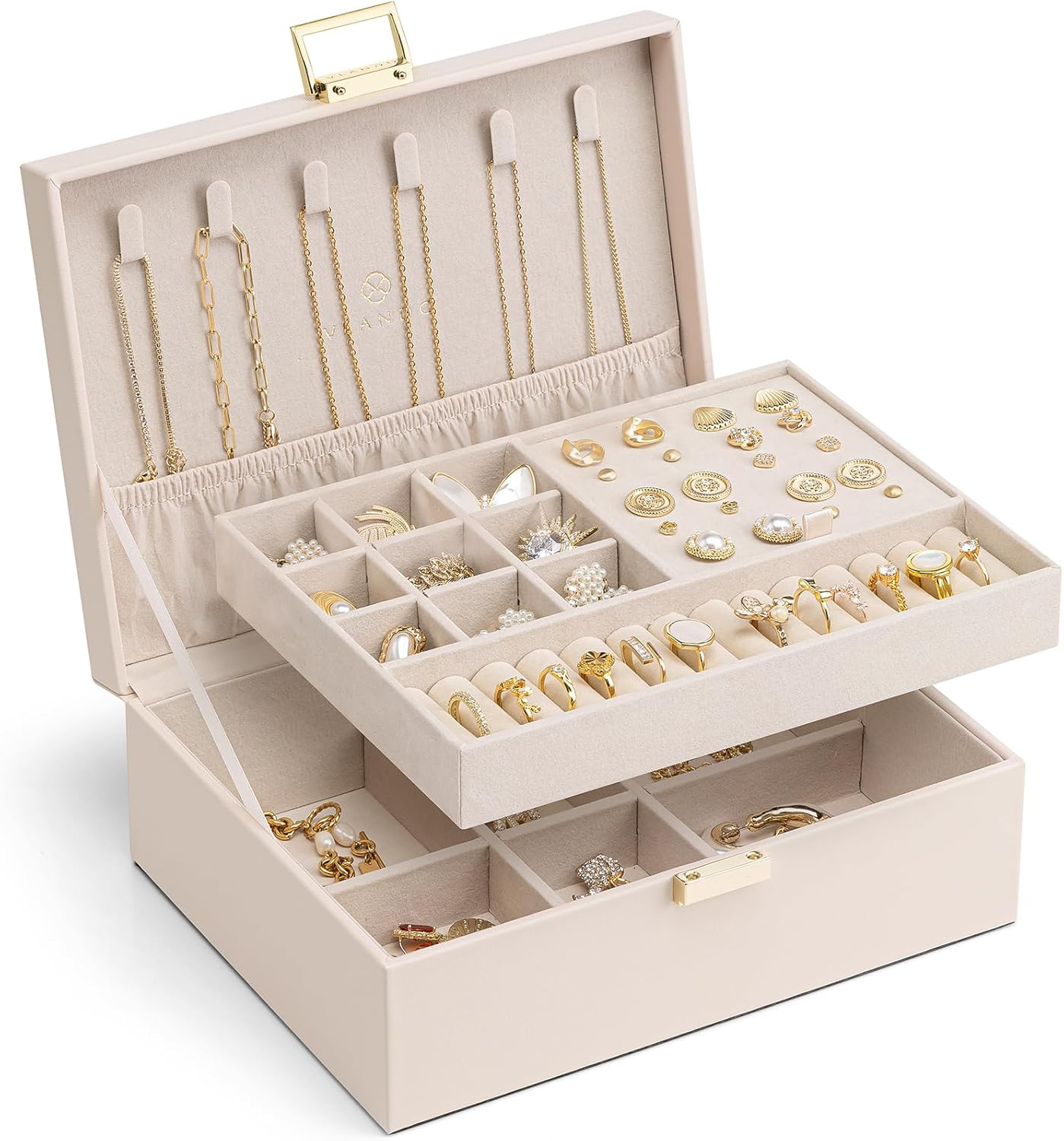 Vlando Jewellery Box, 2 Layers, Jewellery Storage Box, Large, Jewellery Box for Women, Girls, Removable Jewellery Tray for Rings, Earrings, Necklaces