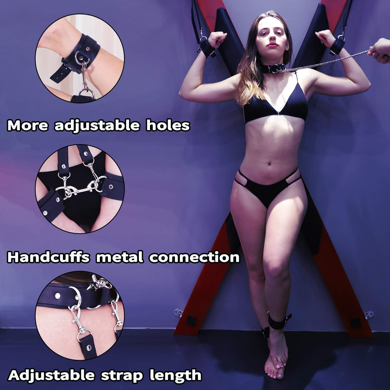 BDSM Sex Bondage Cover Neck Choker with Traction Chain 2 Straps 4 Handcuffs, BDSM Restraints Sex Toy for Women SM Thigh Restraint Sling, (Black) image number 1