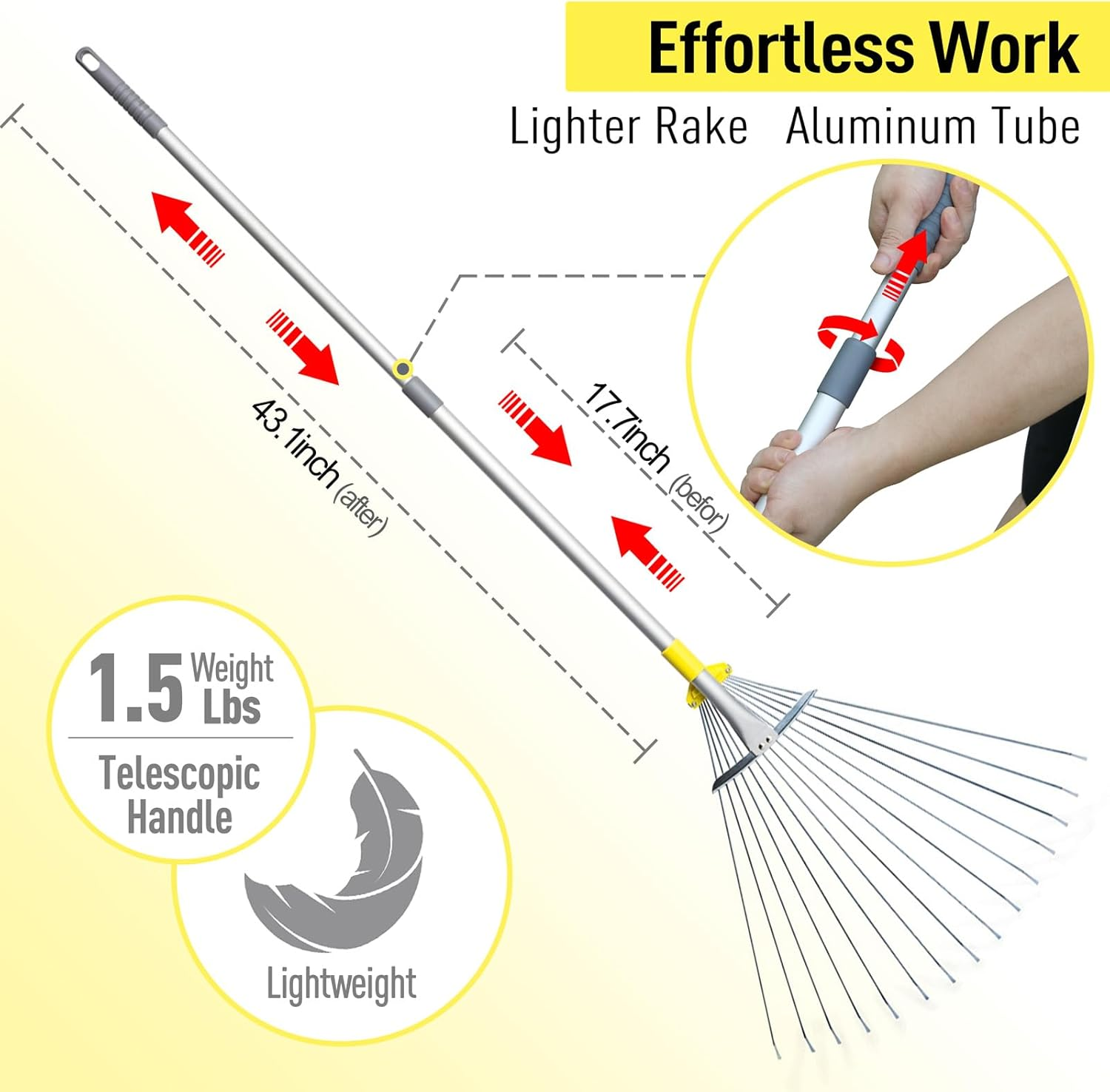 Jardineer 63 Inch Lightweight Garden Leaf Rake for Lawns, Adjustable Yard Rake for Leaves, Metal Lawn Rake with 23" Expandable Bigger Head.Ideal Garden Tools Gifts. One Year Warranty image number 5