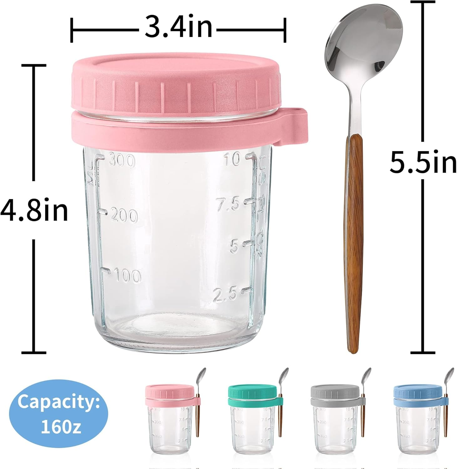 4 Pack Overnight Oats Containers with Lids and Spoons, 350Ml Glass Mason Jars for Overnight Oats, Large Capacity Airtight Jars for Milk, Cereal, Fruit (350Ml) image number 4