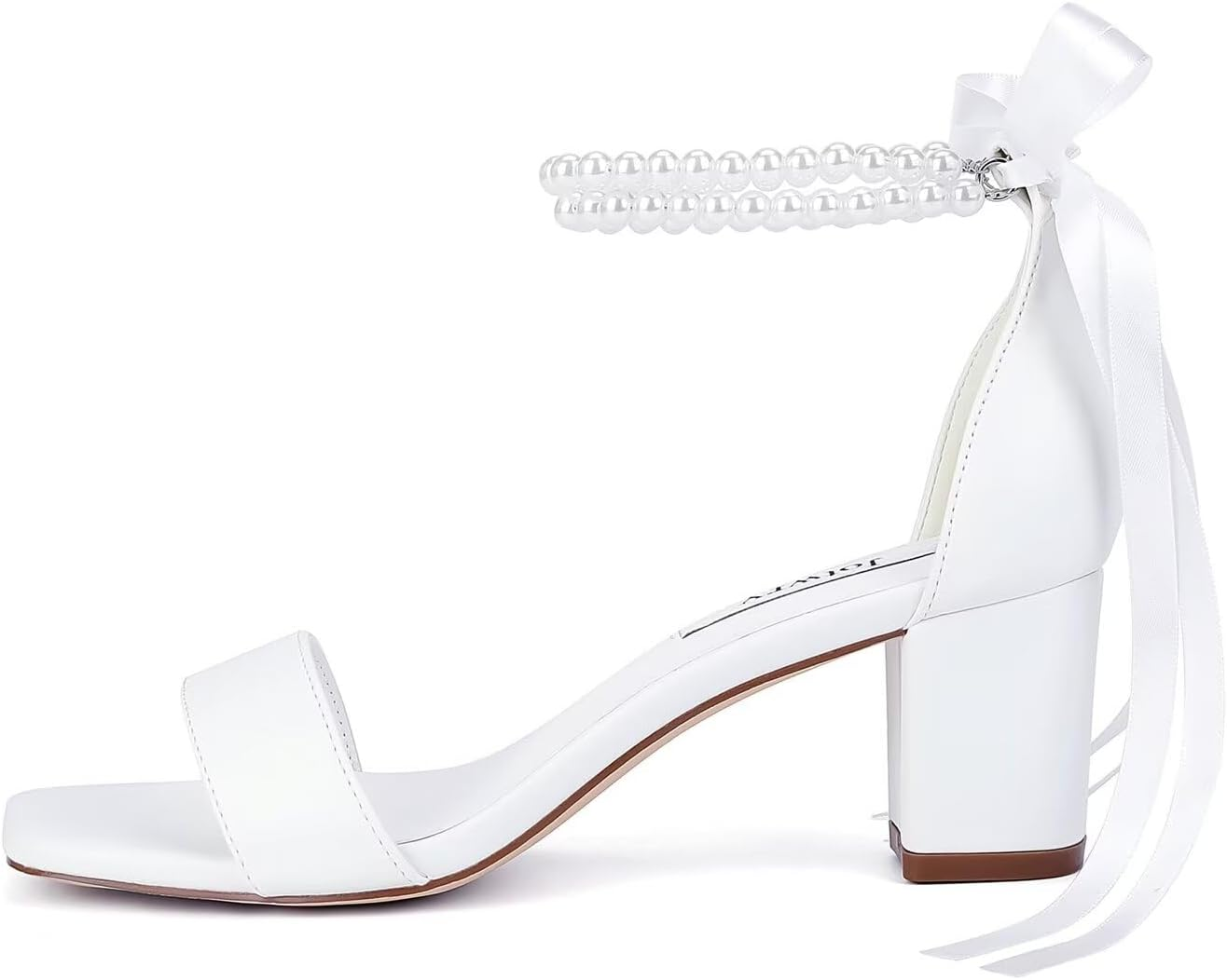 Jotwry Block Heel Wedding Shoes for Bride Pearl Heels Wedding Sandals Square Open Toe Bridal Shoes image number 2