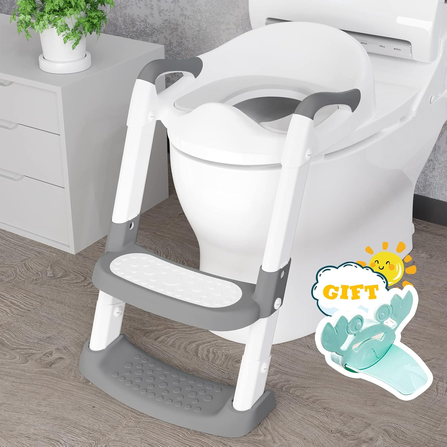 Potty Training Seat with Step Stool Ladder, Gentle Monster Toddler Potty Training Toilet for Kids Boys Girls Baby, Foldable & Comfortable Training Potty Chair Toilet for Child with Anti-Slip Pad(Grey)