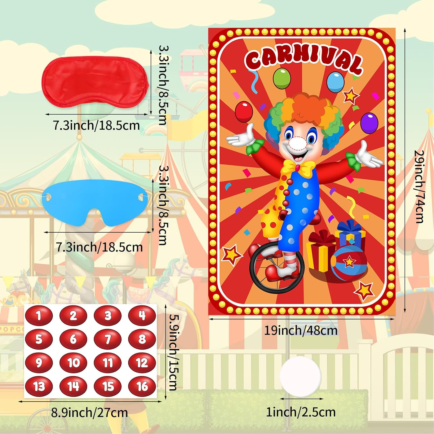 Hxezoc Pin the Noses on the Clown Carnival Game Set, Circus Theme Party Game for Kids, Includes 29X19 Inch Poster, Blindfold, 32 Nose Stickers & Adhesive image number 5
