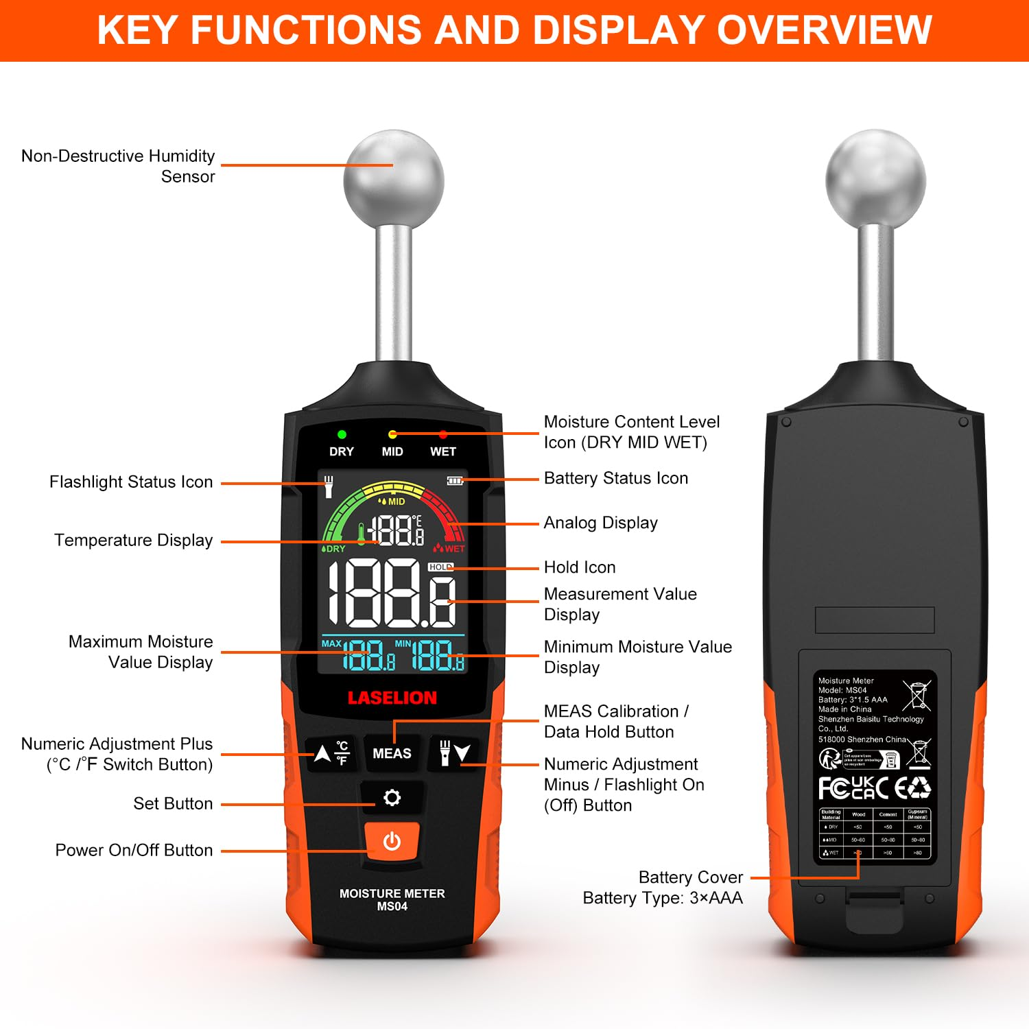 LASELION MS04 Pinless Moisture Meter with Ball Probe for Non-Destructive Area Scans Ideal for Wood Walls and Construction Materials Customizable Humidity Alarms Built-In Flashlight image number 1