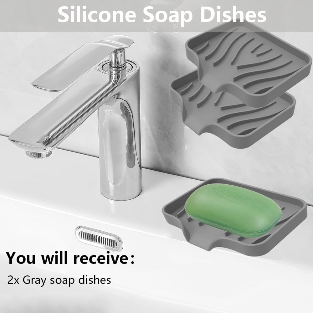 Vekol Soap Dishes with Drain Spout, 2PCS Silicone Soap Holder Waterfall Drainer Soap Saver, Sponge Holder, Dish Soap Tray for Shower, Bathroom, Kitchen, Bath Tub, Razor (Grey + Grey) image number 4