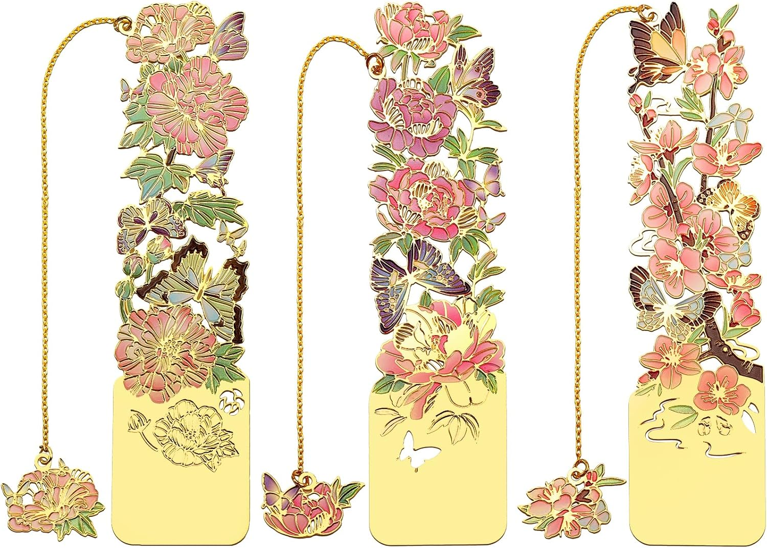 Sgbvzbd 3 PCS Metal Bookmarks, Bookmarks for Reading Women, Pretty Bookmarks for Women, Beautiful Metal Bookmark, Beautiful Flower Bookmark, Peach Blossom, Cottonrose Hibiscus, Peony (BKM-050-001) image number 1