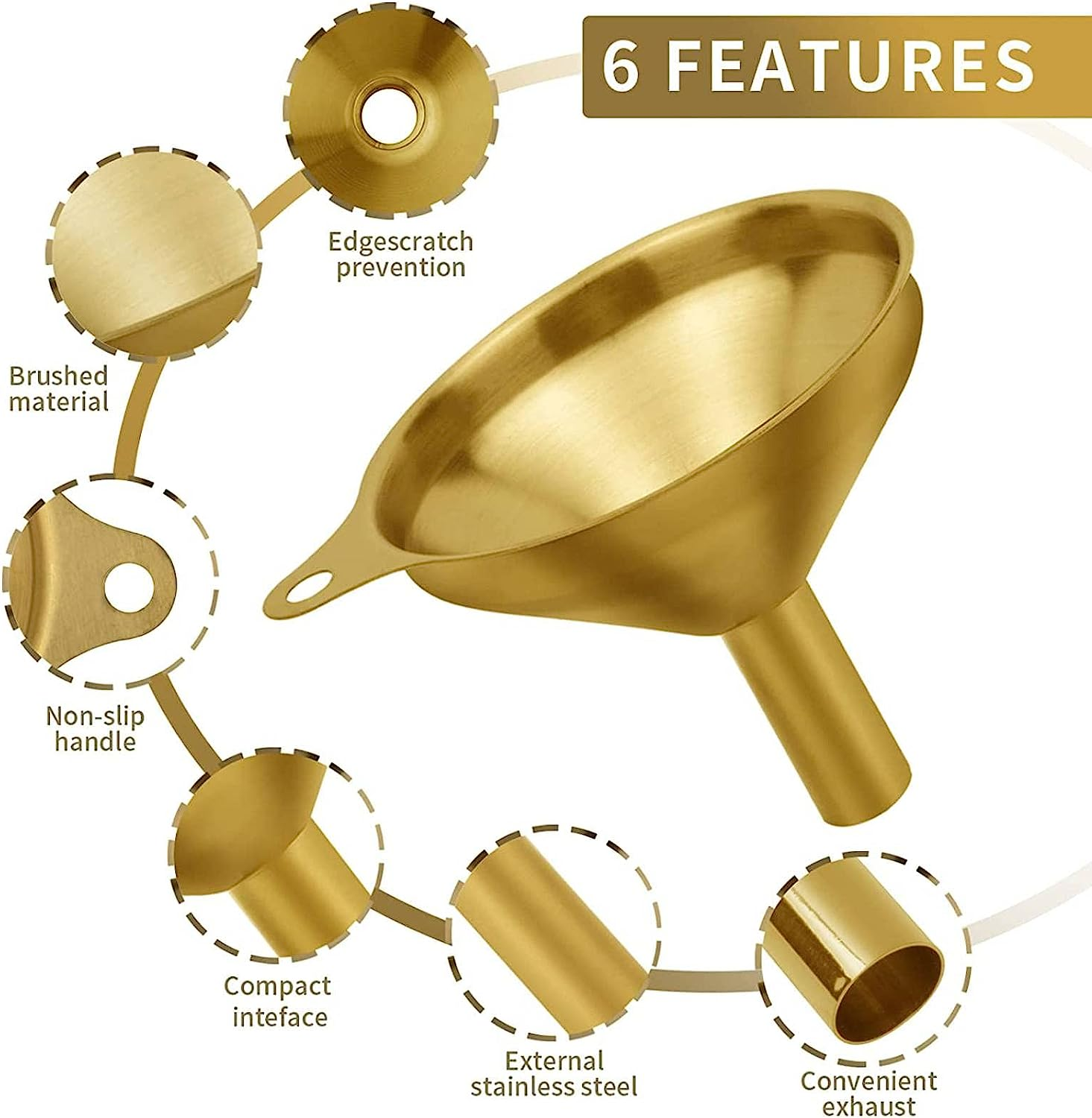 Stainless Steel Funnels, 3 Pack Gold Metal Kitchen Funnel Set, Food Grade Kitchen Gadgets Accessories, Mini Funnels for Filling Bottles, Liquid Transfer, Cooking, Car Oil, Lab Use image number 5