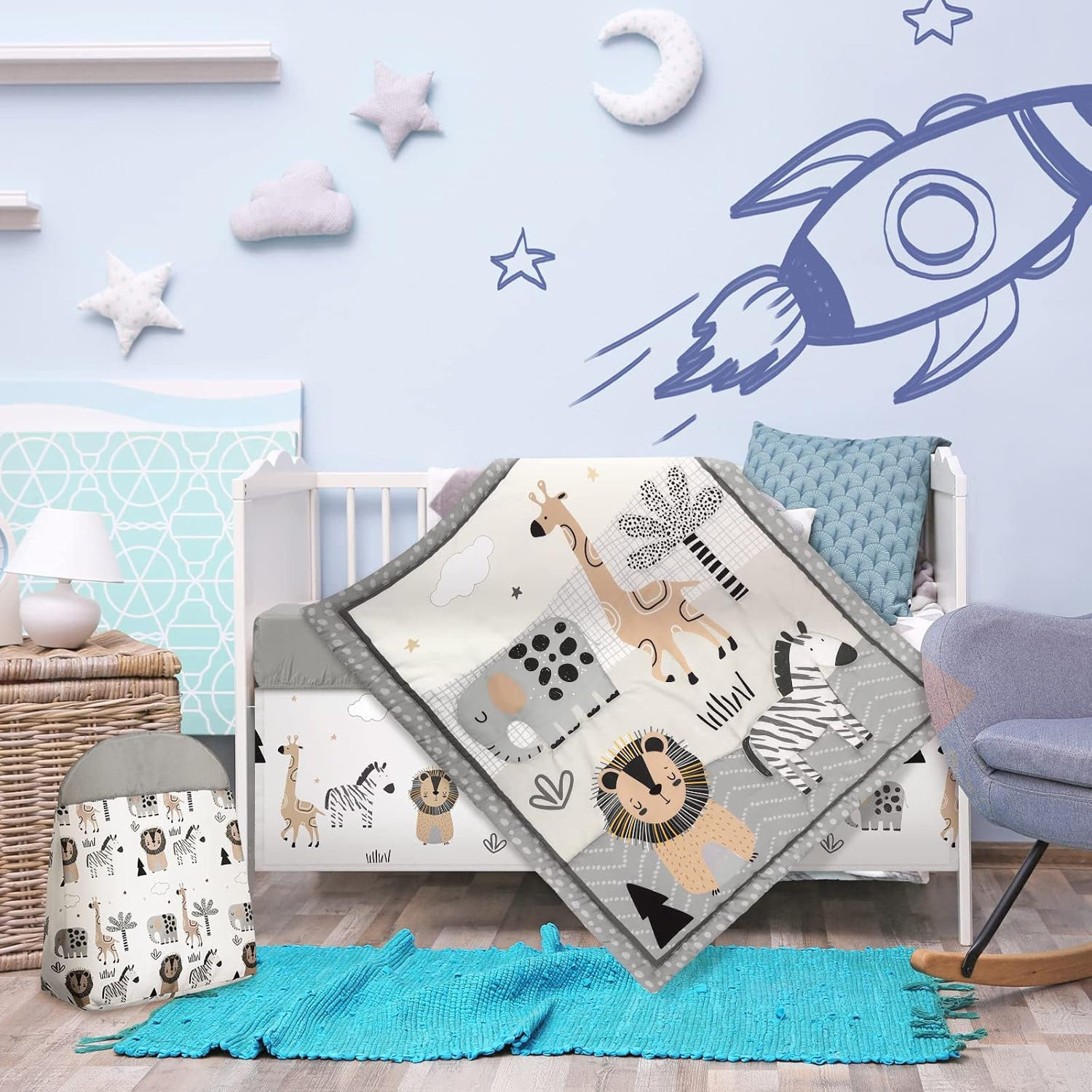 4 Piece Woodland Forest Animals Crib Bedding Set, Including Jungle Safari Crib Skirt, Blanket, Nursery Bed Sheet and Diaper Stacker, Soft Neutral Nursery Standard Size Baby Bedding for Baby Girls Boys image number 3