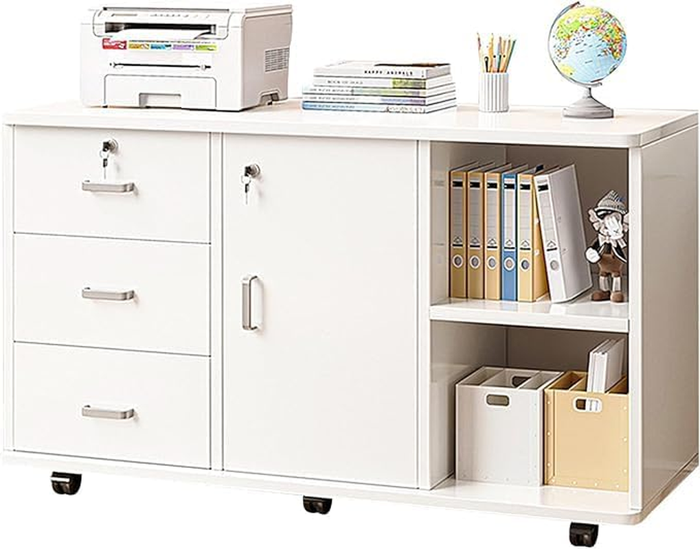 Uandhome File Cabinet, Printer Open Storage Shelf, Floor Table A4 Low Cabinet for Home Office, Mobile Lateral Drawer Cabinet with Lock, Office Furniture Space Organizer(White) image number 1