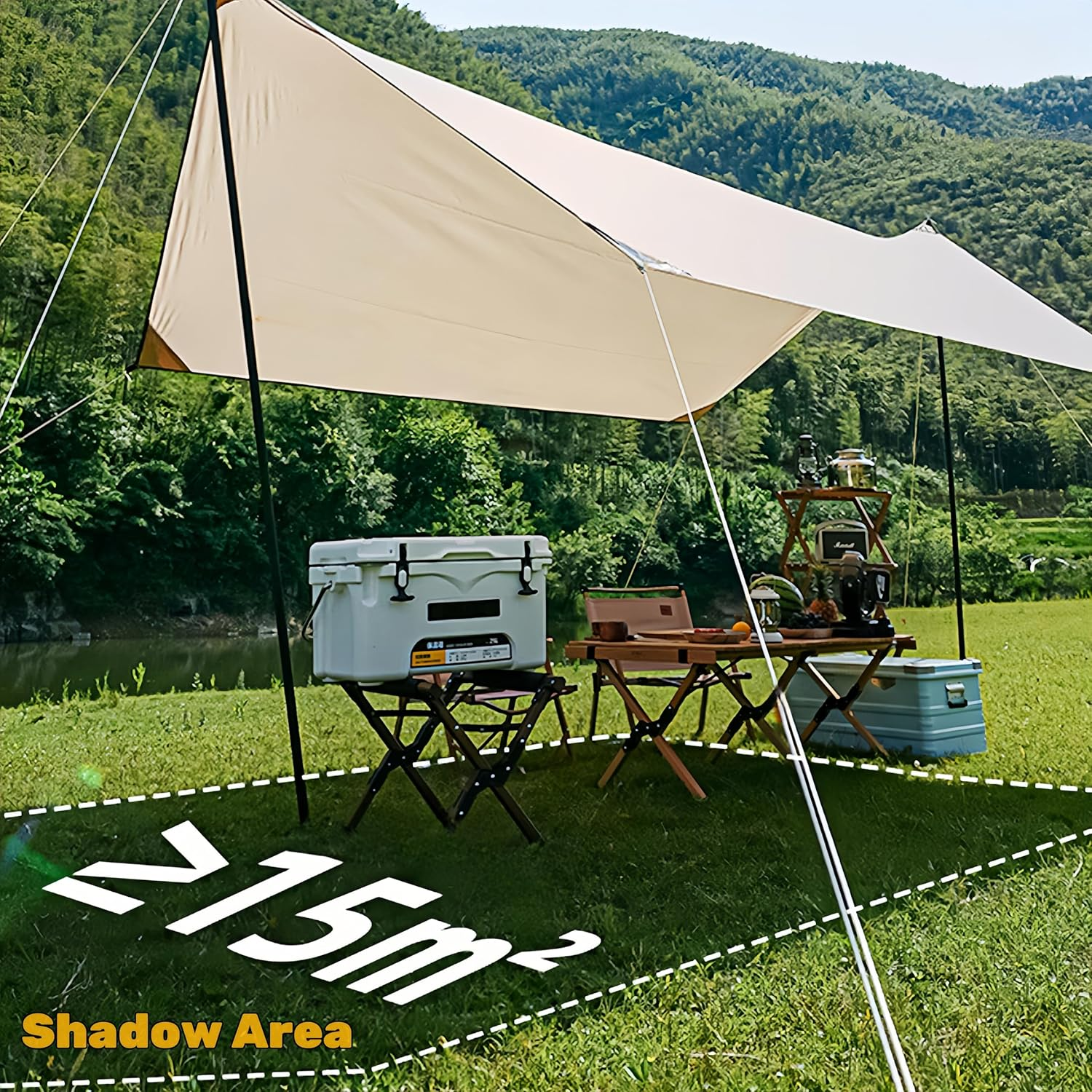 Fay Bless Rain Fly Camping Tarp Waterproof Resistant Sun Shade Lightweight Hammock Tent Tarp with Multifunctional Camping Accessories(Beige, 3&times;3M)
