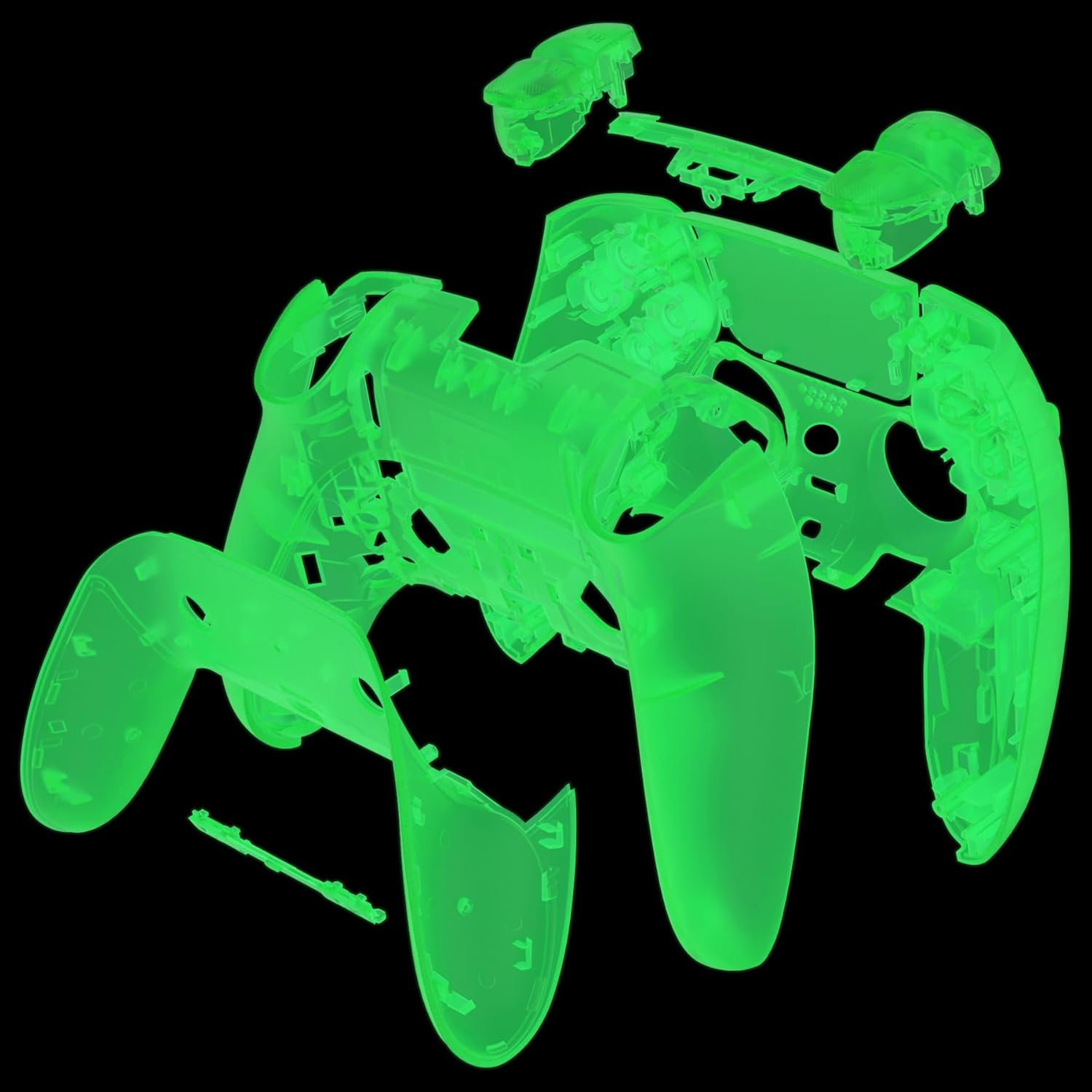 Extremerate Full Set Shell with Buttons Touchpad Compatible with P S 5 Edge Controller, Glow in Dark - Green Replacement Decorative Trim Shell Front Back Plates Compatible with P S 5 Edge Controller - Clear image number 2