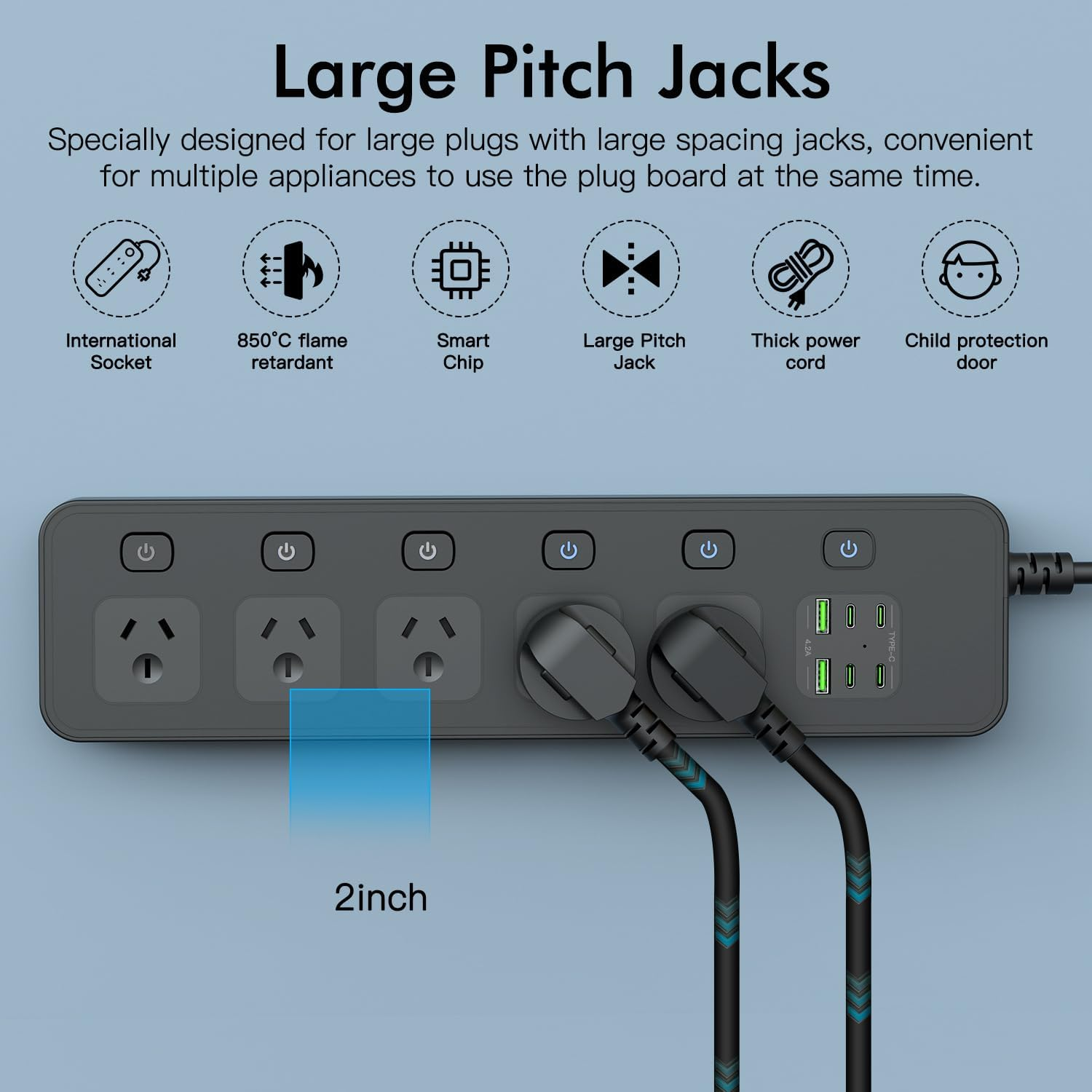 Power Board Individual Switches, 3M Extension Cord Power Strip with 5 AC Outlets, 2 USB a and 4 USB C PD30W Super Fast Charging, Wall Mount Surge Protector for Home Office Dorm (Black, 3M) image number 3