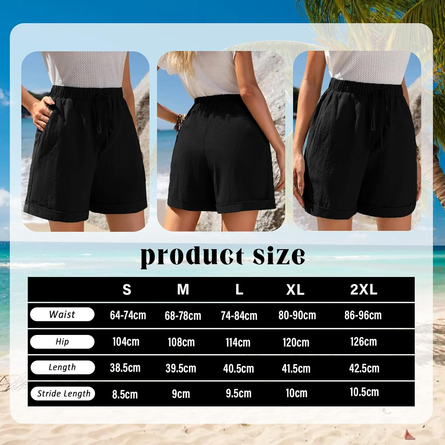 Linen Shorts Women Casual Trousers &ndash; Solid Drawstring Elastic Waist Hot Pants with Pockets, Cropped Half Length Capri Bermuda Shorts image number 4