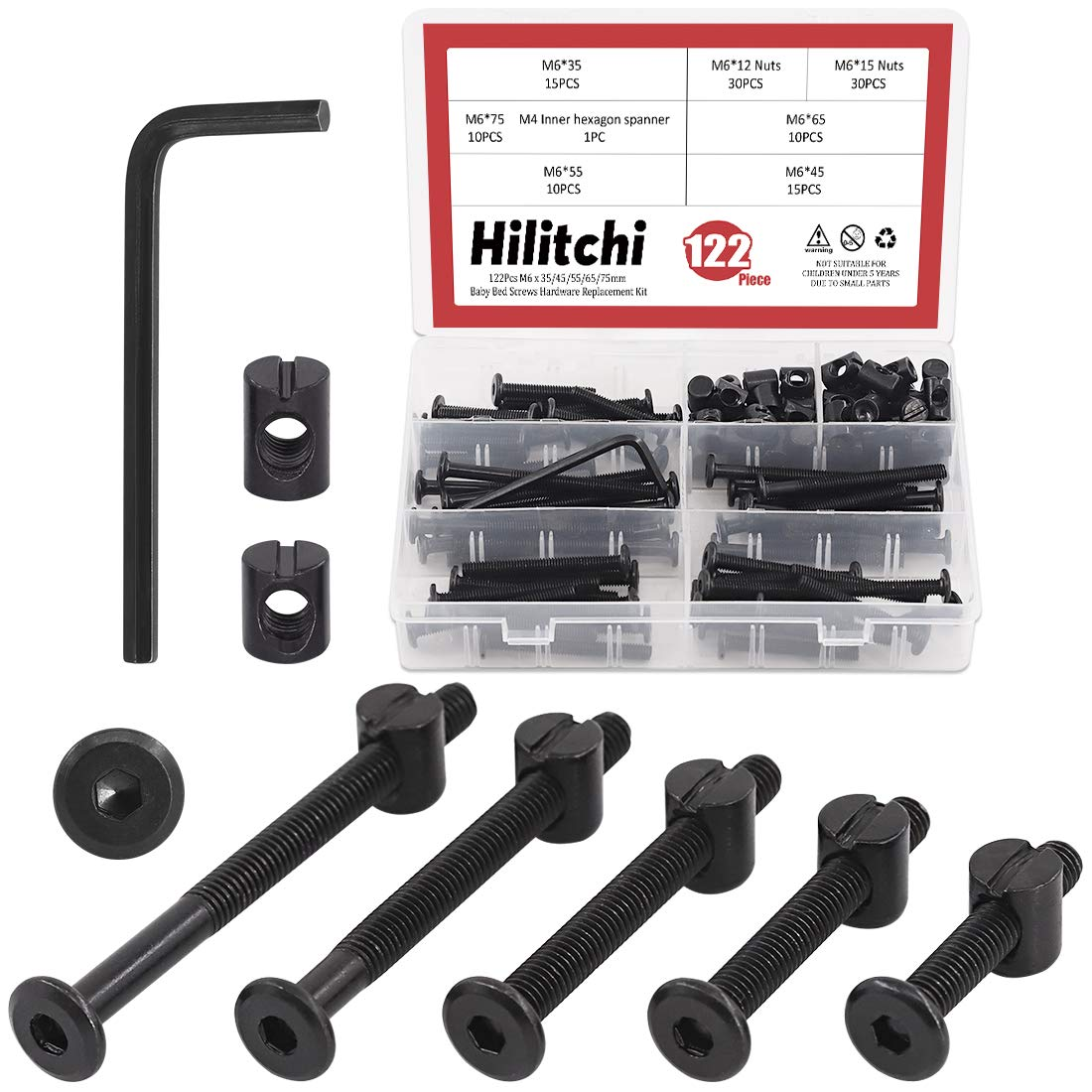 Hilitchi M6 120Pcs Black Hex Socket Head Screws Bolts Barrel Nuts Hardware Assortment Kit for Crib Baby Bed Furniture Cots and Chairs (35Mm/45Mm/55Mm/65Mm/75Mm-Assortment Kit) image number 1