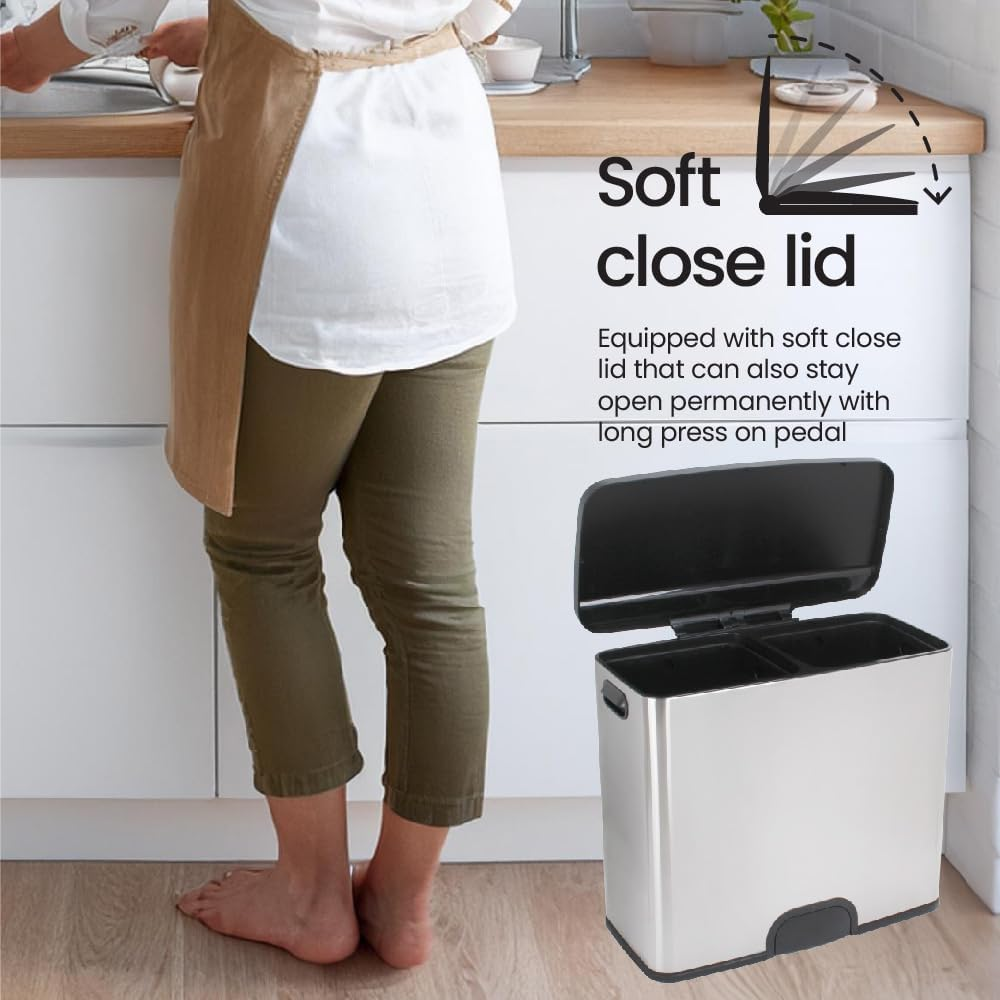 White Magic Smart Bin Duo &ndash; 46L, Toe Tap Operation, Dual 23L Bins for Recycling & General Waste, Soft Close Lid, Stainless Steel, Fingerprint-Free, Battery-Powered with 10,000 Cycles, 1-Year Warranty image number 3