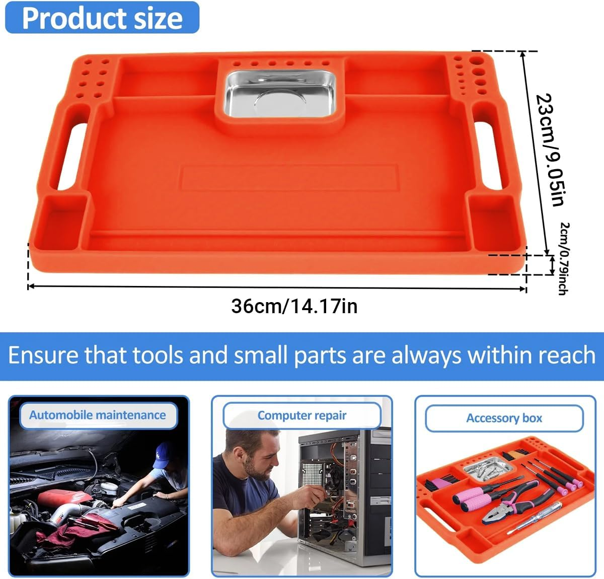AIMALL Silicone Tool Tray with Stainless Steel Magnetic Tray, Orange, 14.17 X 9.05 Inches image number 5