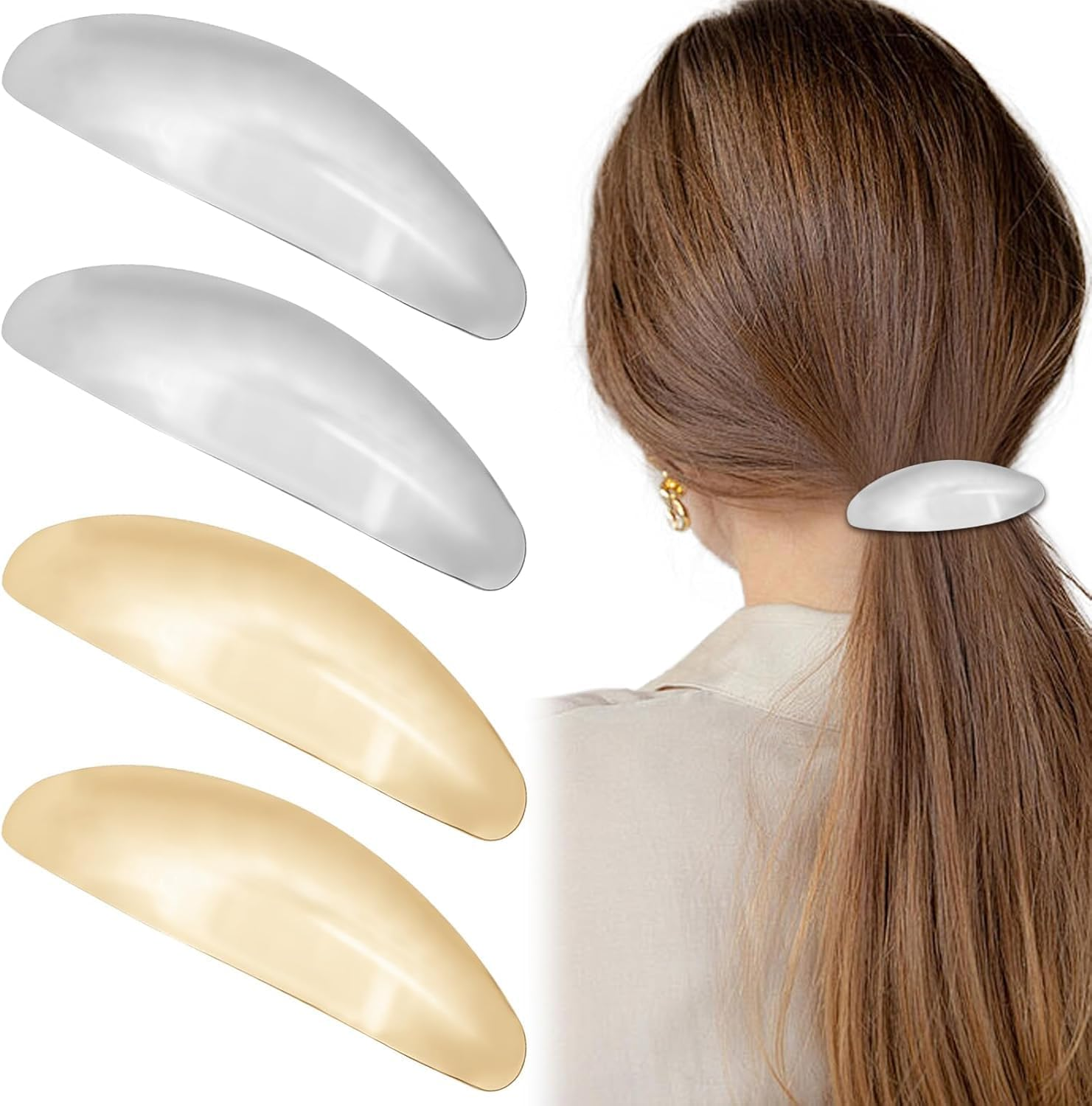 4 Pcs Large Hair Barrette Clips Oval Metal Snap Barrettes Retro Classic Clasp Strong Hold Grip Hair Clips Ponytail Holder Automatic Hair Pins Hair Accessories for Thick Hair Women Girls (Golden+Silver, One Size) image number 5