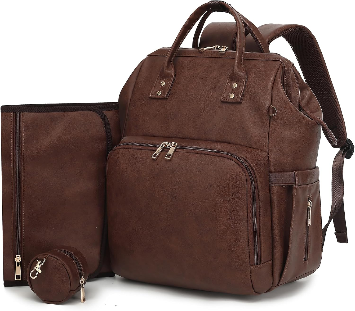 Vegan Leather Diaper Bag Backpack for Boy Girl with Changing Pad and Pacifier Case