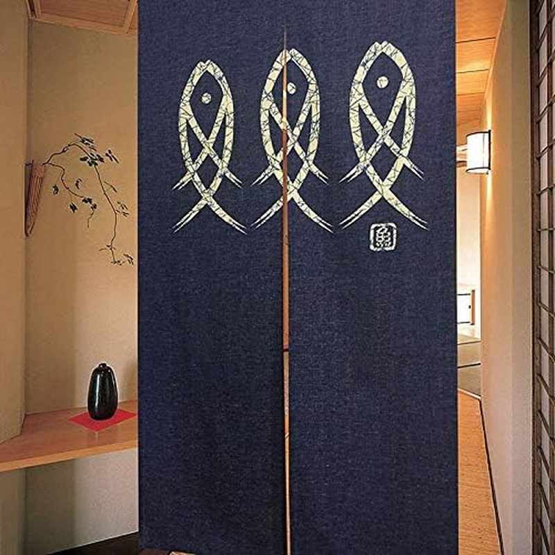 Japanese Noren Doorway Curtain Ancient Character Fish Tapestry for Home Decoration Blue 33X59Inch image number 3