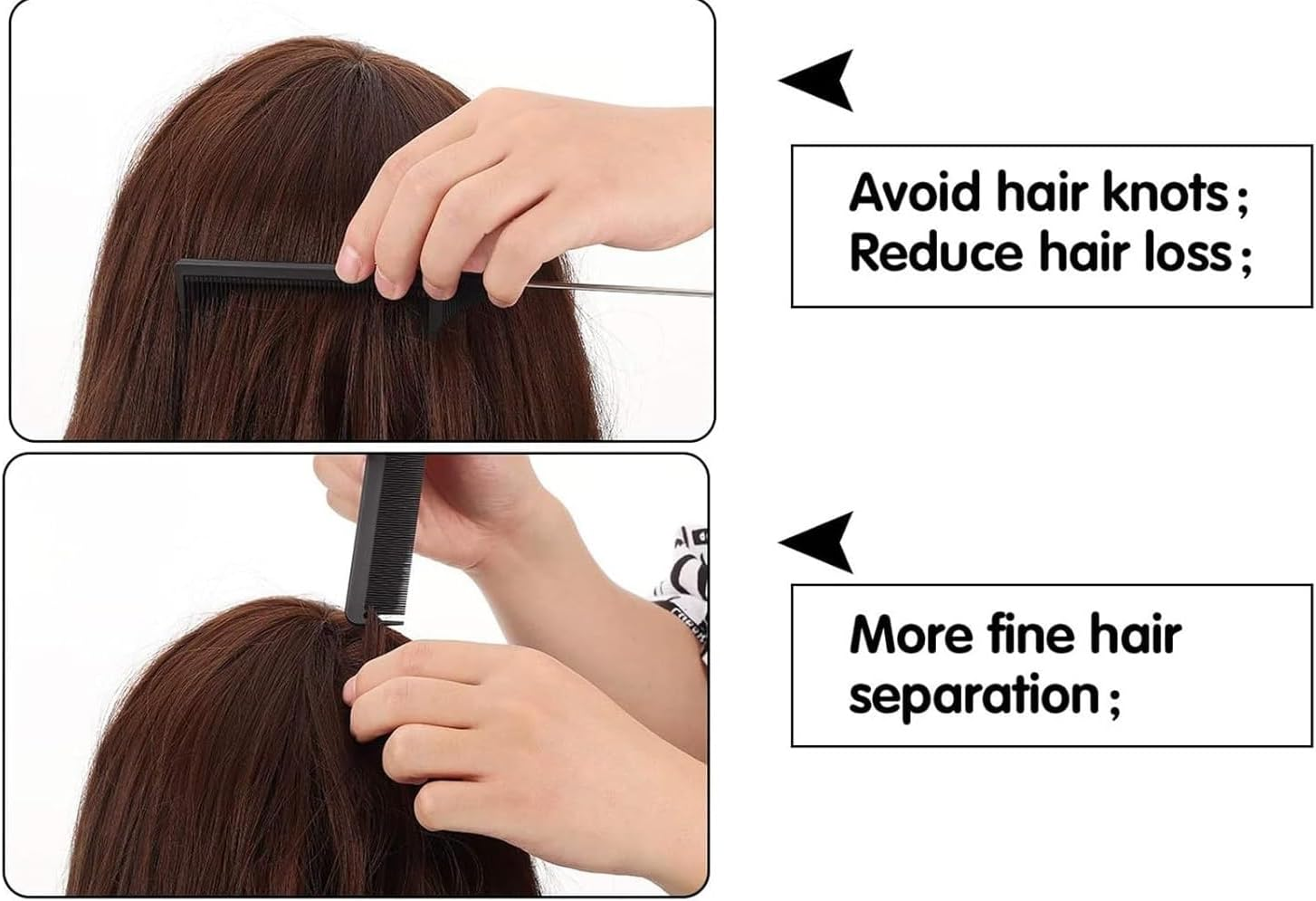 CJESLNA 6 Packs Rat Tail Combs Set,Heat Resistant Carbon Fiber Teasing Parting Hair Combwith Stainless Steel Pintail for Women Girls Braiding Hair Styling Tools (Black)