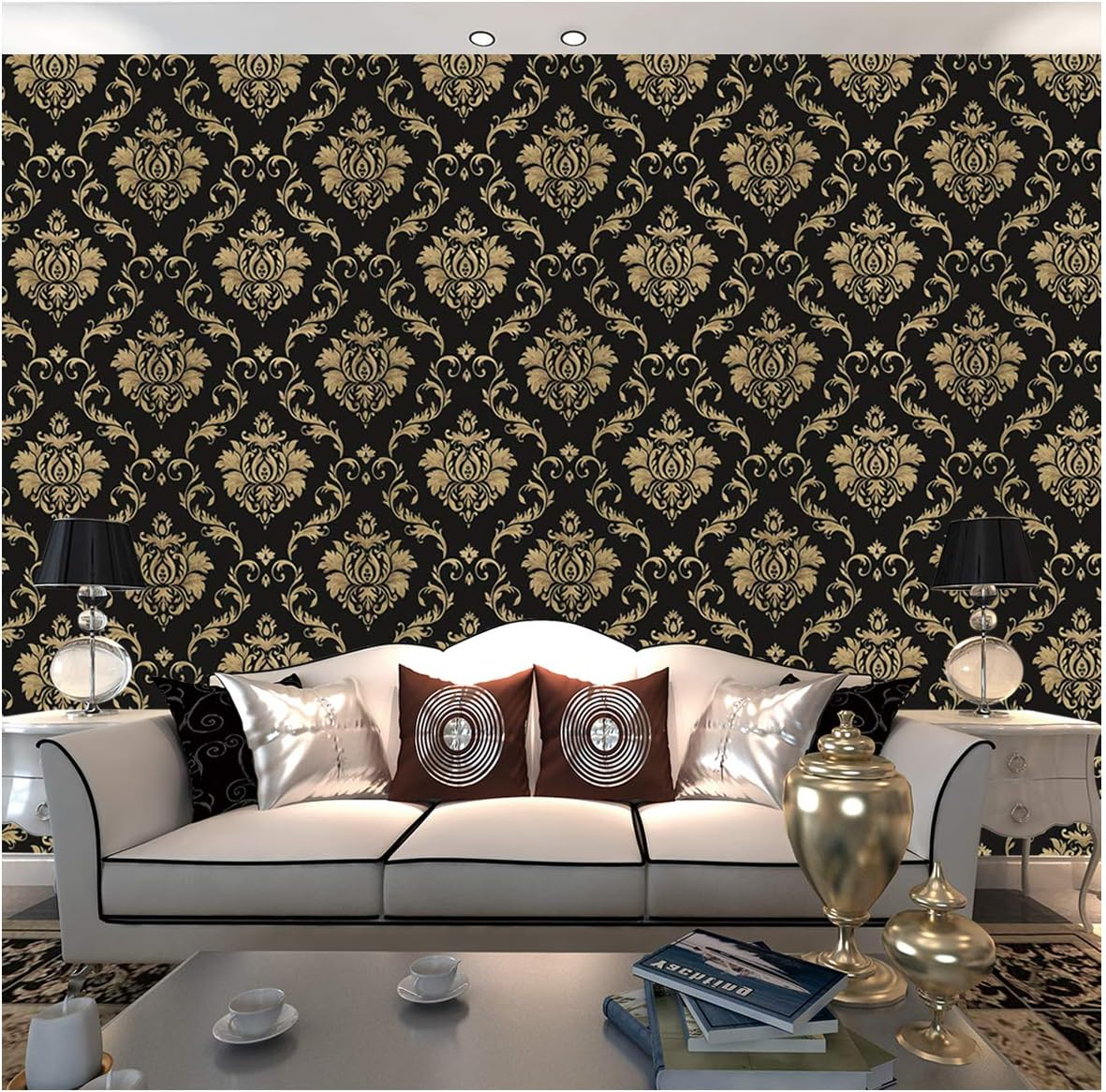 JLHOUSE 1301-3 Vinyl Black and Gold Damask Victorian Wallpaper Peel and Stick Contact Paper Removable Textured for Bedroom Livingroom D&eacute;cor 45Cm X 300Cm image number 4
