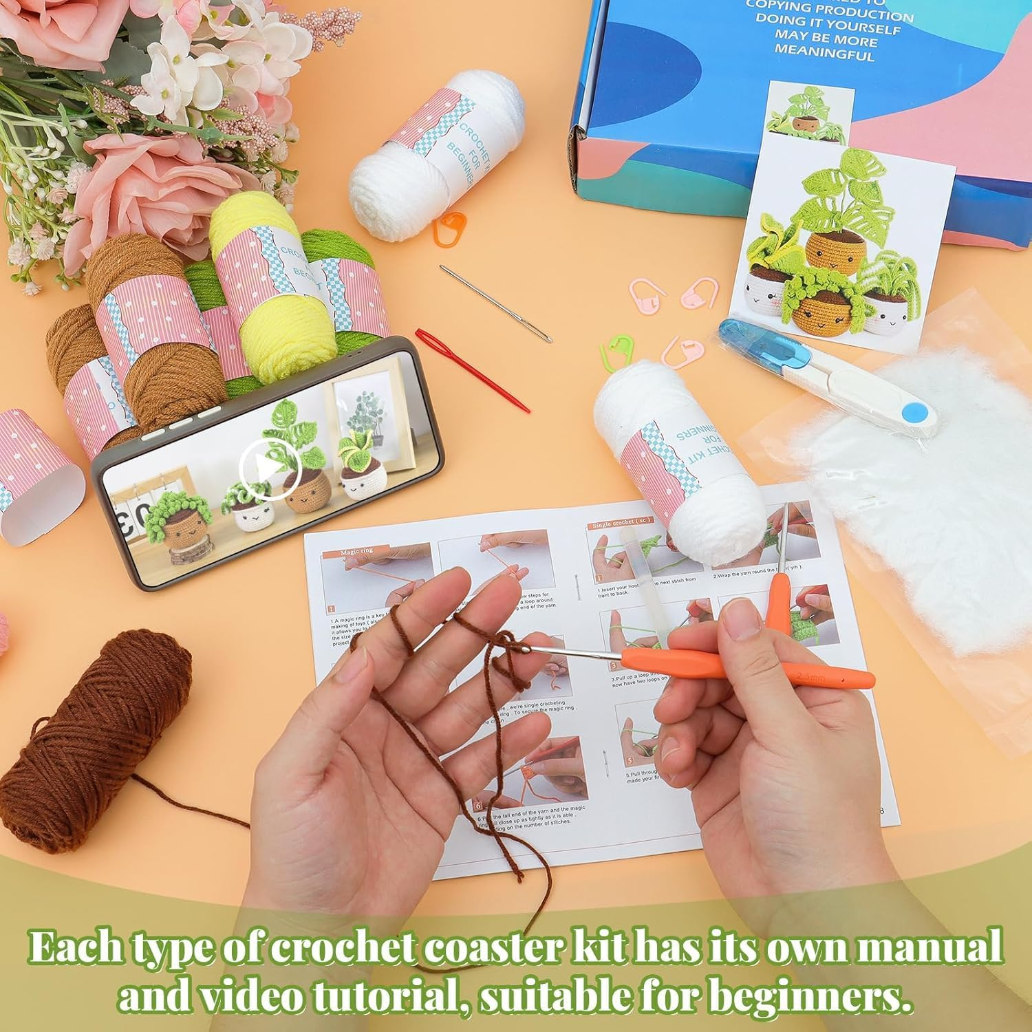 Crochet Kit for Beginners, 4 Pcs Crochet Plants Potted Cactus Kit, Crochet Starter Kits for Adults with Instruction, Hooks, Yarns, Filling, Knitting Craft DIY Crochet Gifts, Green