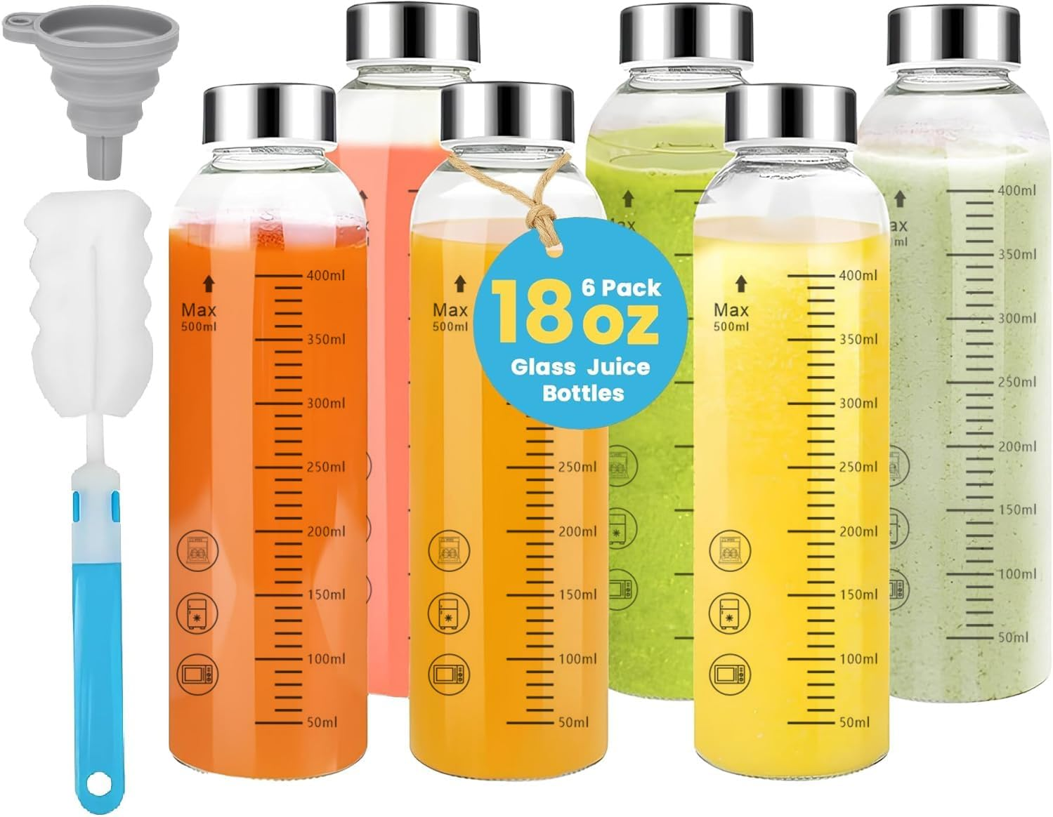 Clear Glass Bottles Set of 6, 18Oz/530Ml Reusable Glass Water Bottle with Stainless Steel Cap for Juicing, Refrigerator, 100% Leak Proof, Glass Juice Bottle for Fruit Juice, Tea, Water image number 5