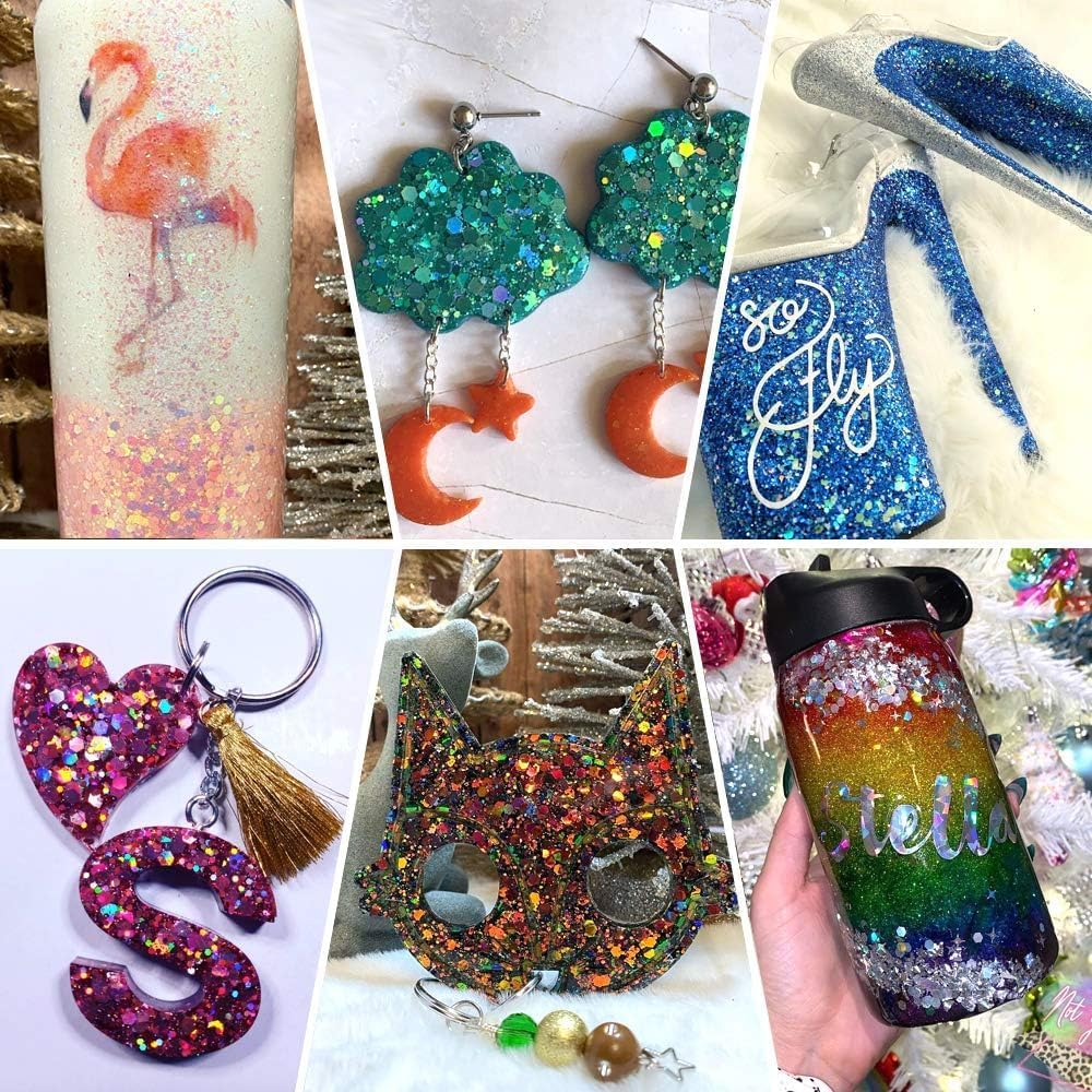 Ovaletta 12 Colours Glitter Powder for Crafts, Face, Nails, Body, Slime, Nails, Birthday Party - 12 Grams (0.066 Kg) - Hexagonal - Assorted Rainbow Colours (Red, Pink, Blue, Green, Gold, Purple) - Gold image number 2