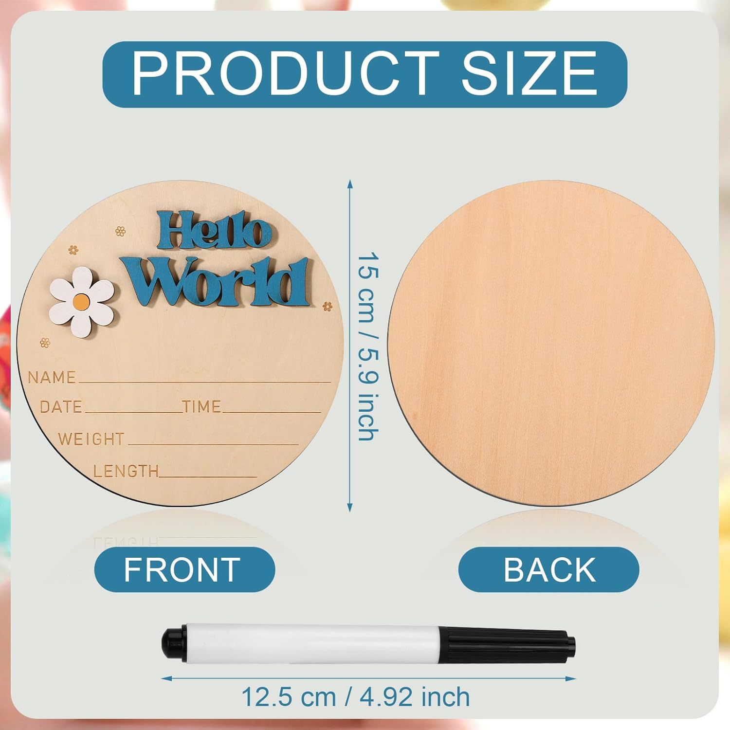 Baby Announcement Sign, 5.9 Inch Wooden Hello World Sign Gender Reveal Birth Announcement Board Newborn Welcome Sign Baby Name Plaques Gifts for Photo Prop Nursery Hospital Girl Boy(Blue) image number 3