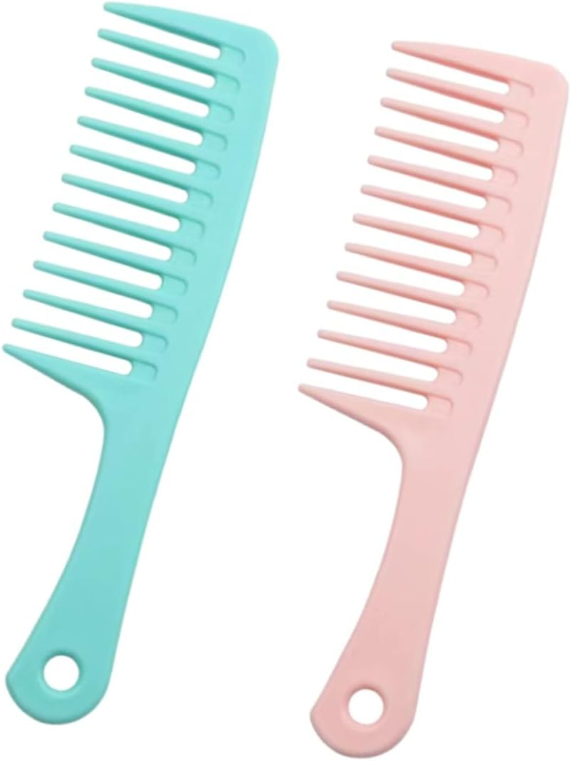 Wide Tooth Comb with Thickened Handle for Long, Curly, Wet Hair - Smooth without Tangles - 2-Piece Pink and Green