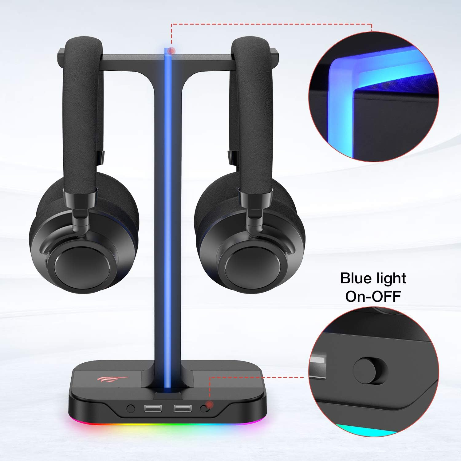 Havit RGB Gaming Headphone Stand Desk Dual Headset Hanger Base with Phone Holder & 2 USB Charger for Desktop PC Game Earphone Accessories image number 5