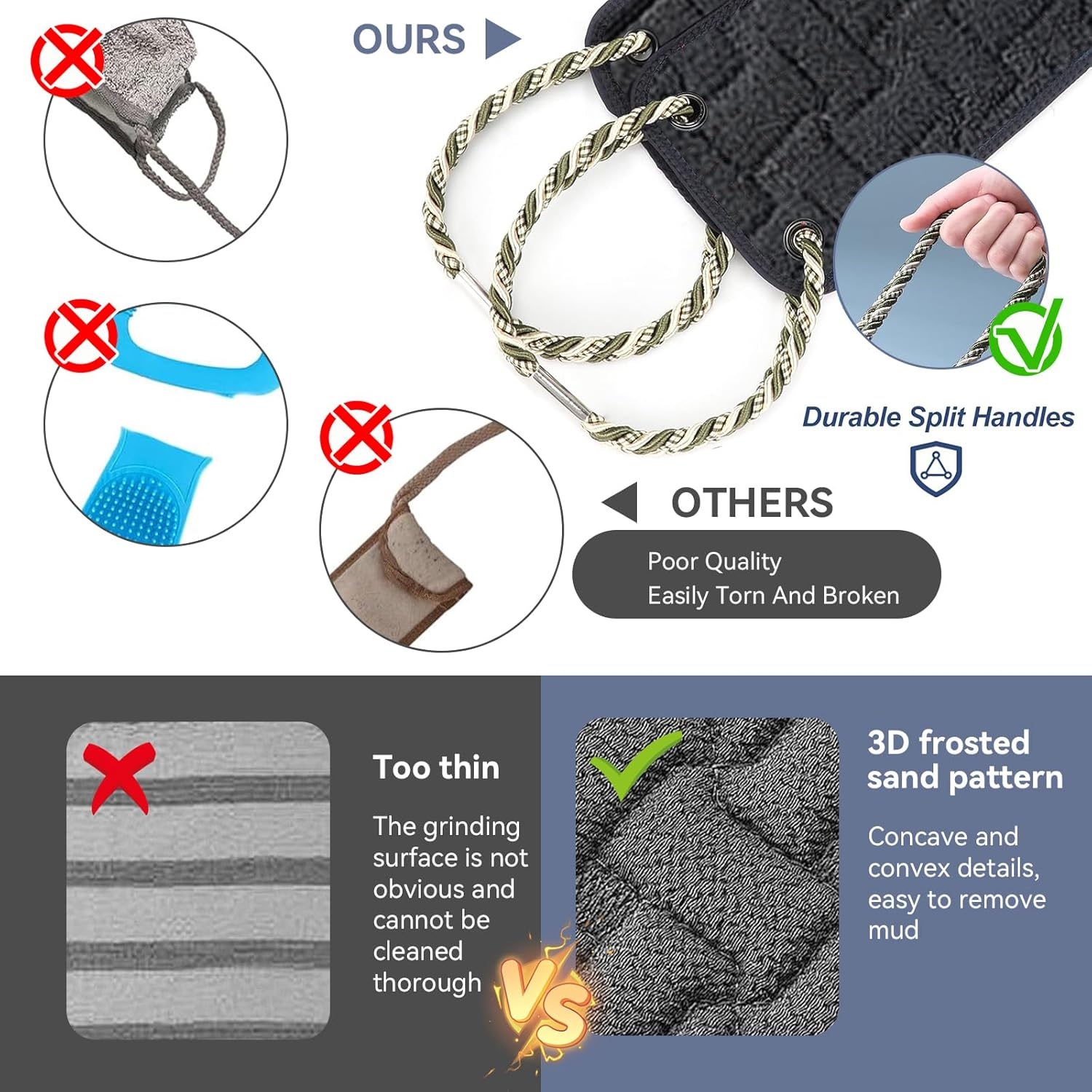 Exfoliating Back Scrubber for Shower,100Cm Double-Sided Bath Scrubber with Handles, Deep Cleaning Body Washcloth for Men & Women, Long Handle Exfoliator for Smooth Skin, Soft & Durable (Black) - Black image number 6