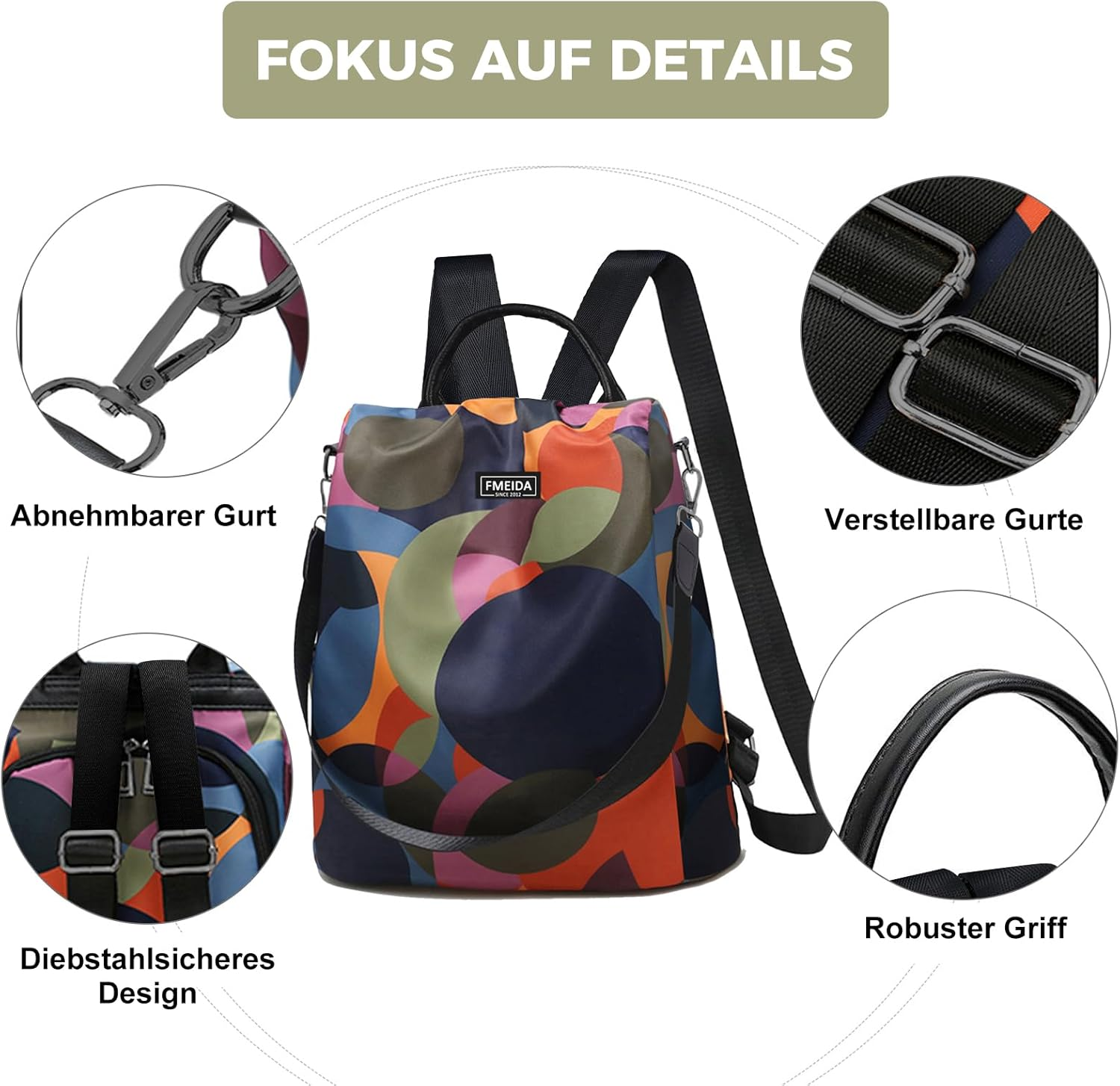 Fmeida Anti-Theft Backpack for Women, Waterproof Nylon Daypack Shoulder Bag Ladies Rucksack Handbags Lightweight Travel Bag School Bags Fashion Casual Backpacks Purse for Girls