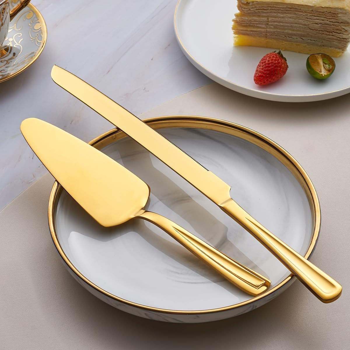 Gogeili Gold Cake Knife and Server Set, 33Cm Stainless Steel Cake Cutting Set, Pie Cutter Set for Wedding, Birthday, Parties, Anniversary image number 4